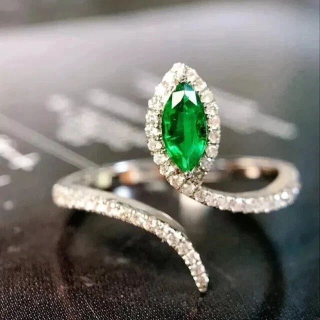 1.80Ct Marquise Cut Lab-Created Emerald Women Fancy Ring 14k White Gold Plated