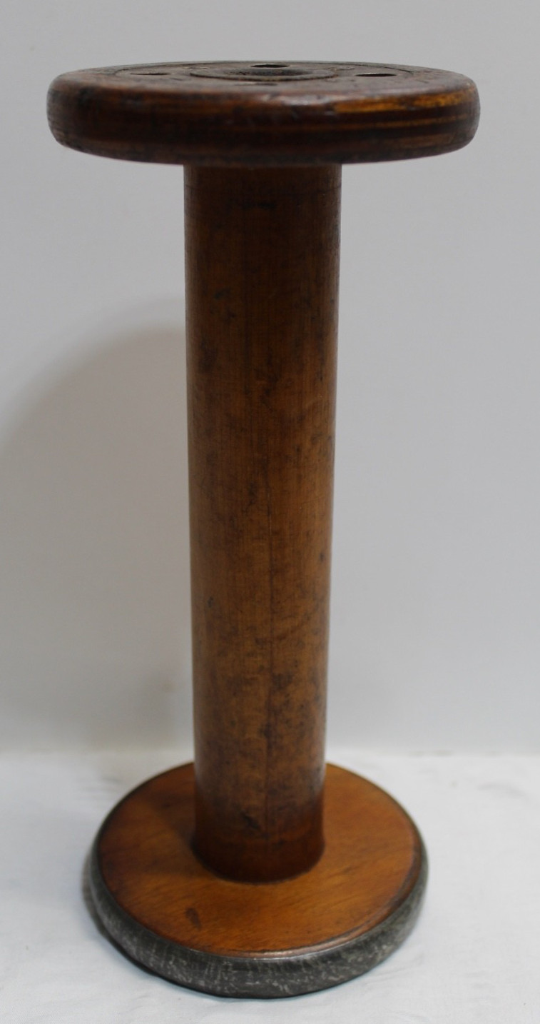 Vintage Industrial Textile Wood BOBBIN SPOOL w/ Metal Rim 9 1/4″ Tall x 4″ D