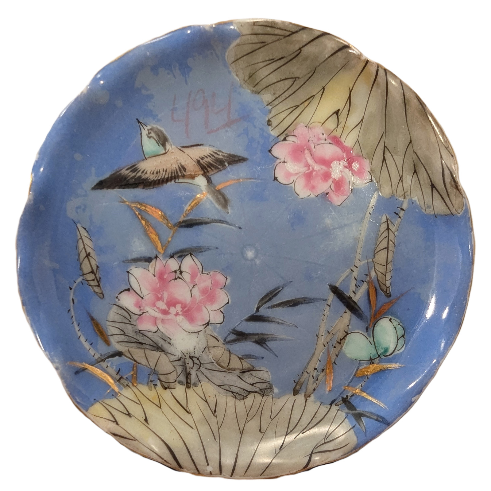 Japanese Antique Nishiura Enji Mino Studio Porcelain Plate Bird & Lotus Flowers
