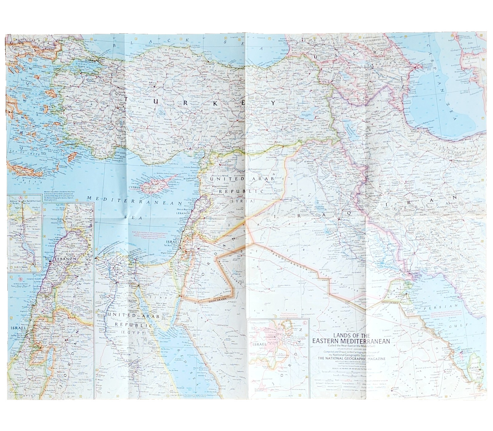 1959 Middle East Eastern Mediterranean Map National Geo Israel 24.75 x 19″ F13F