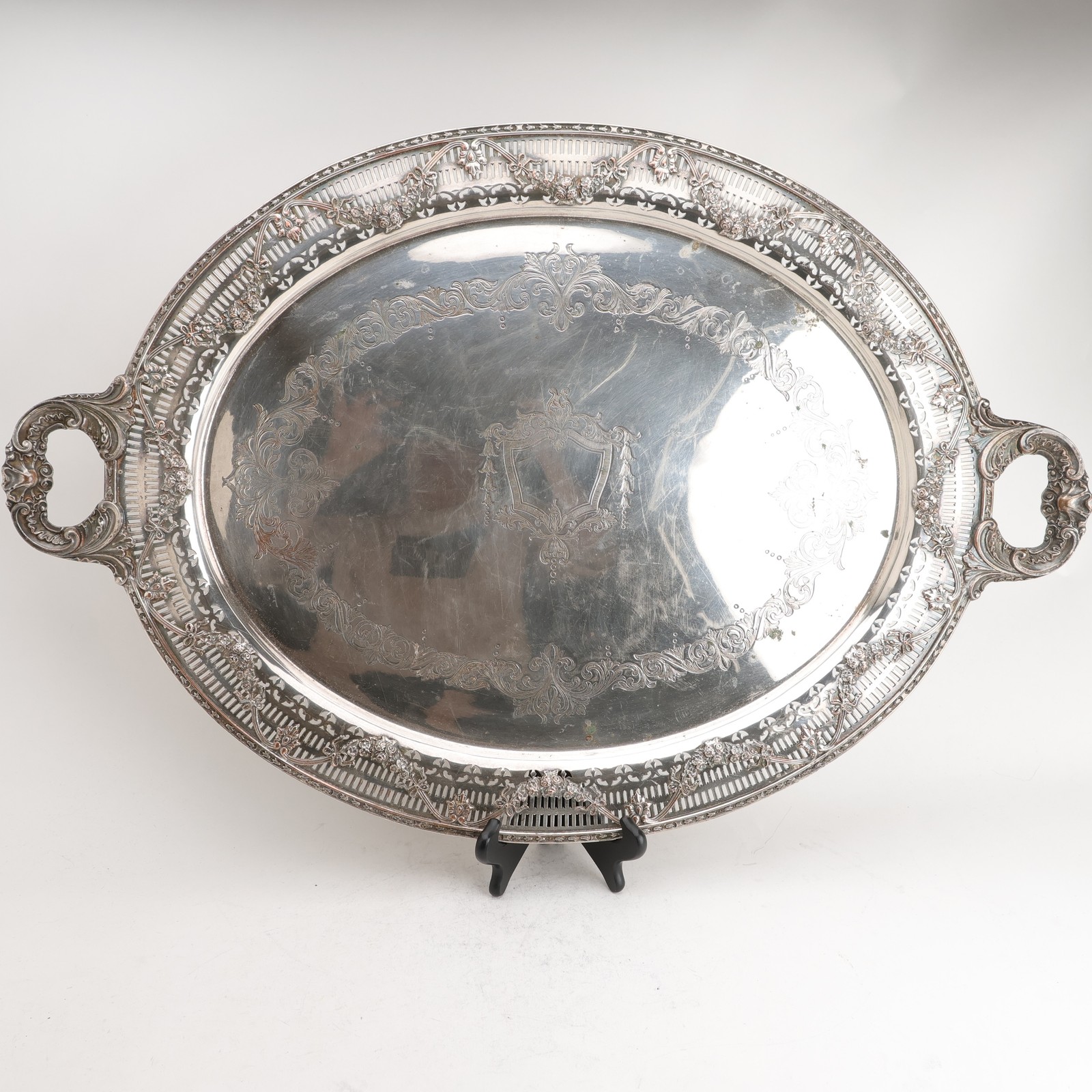Lawrence B Smith LBS Co Silverplate Huge 29″ Ornate Pierced Rim Tray Boston