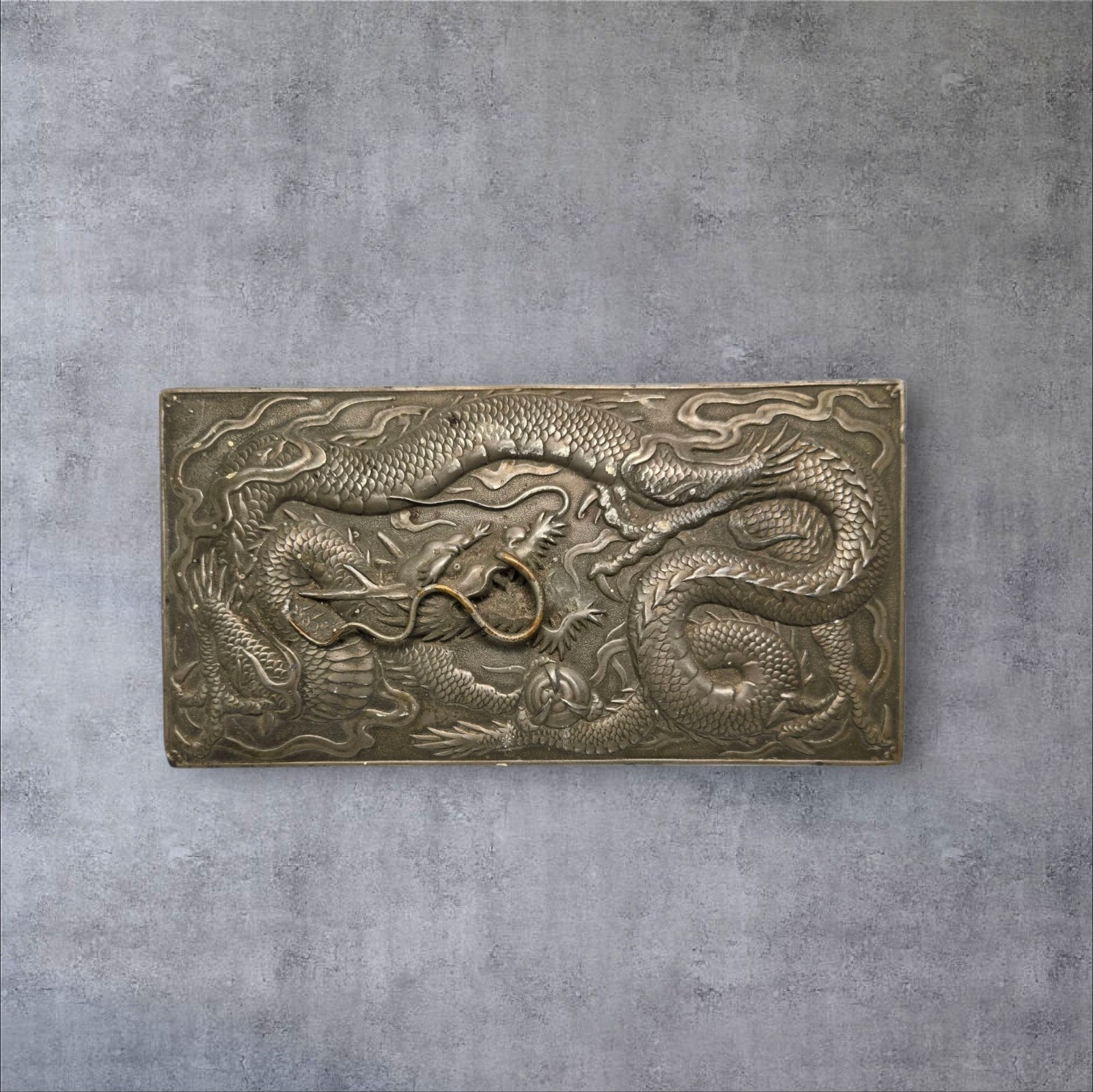 Antique Old Chinese Metal Alloy Dragon Box Pewter metal wooden box inside EC2