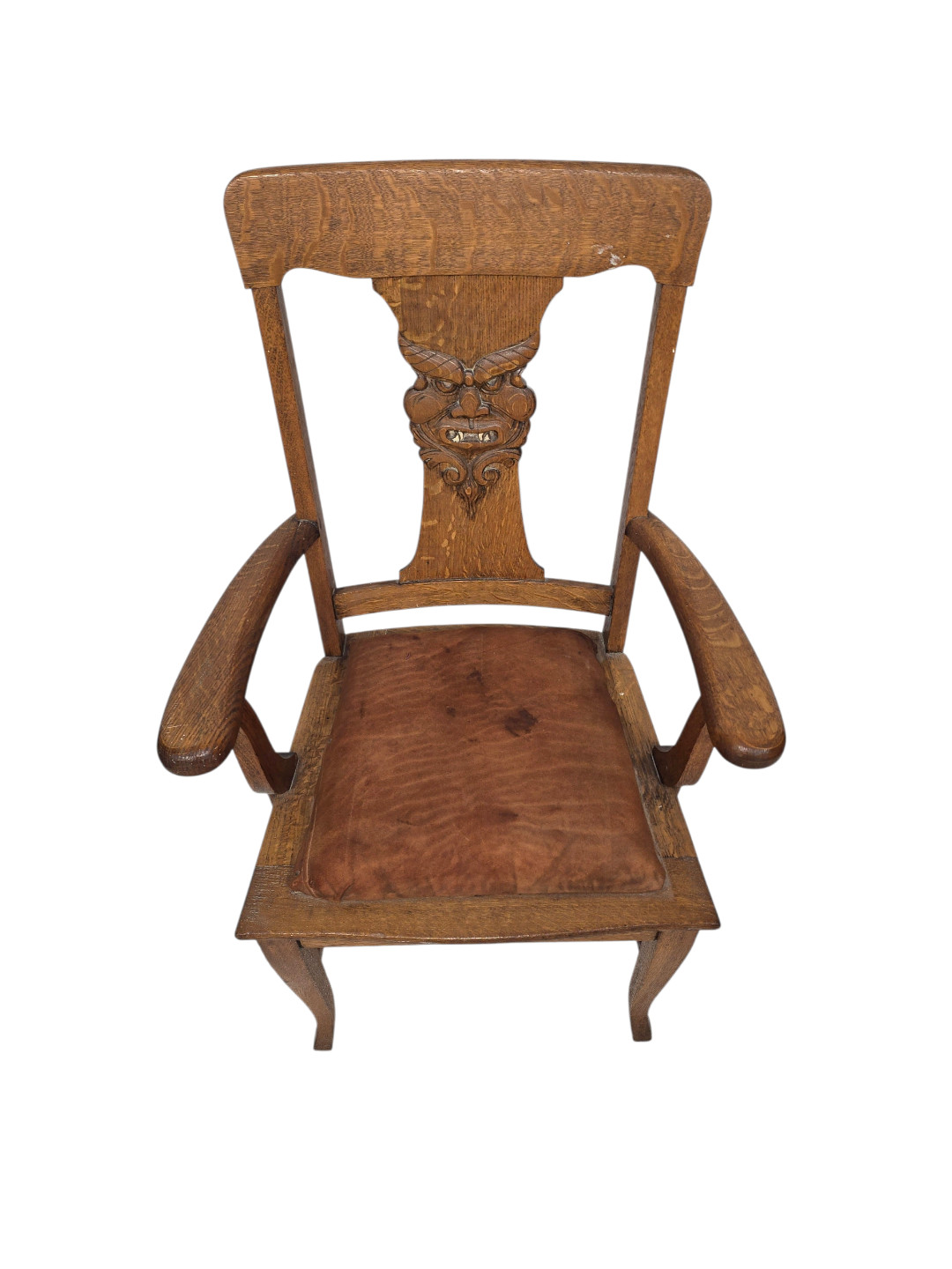 Antique Carved Oak Gothic Revival Armchair w/ Devil Mask Back, Arts & Crafts