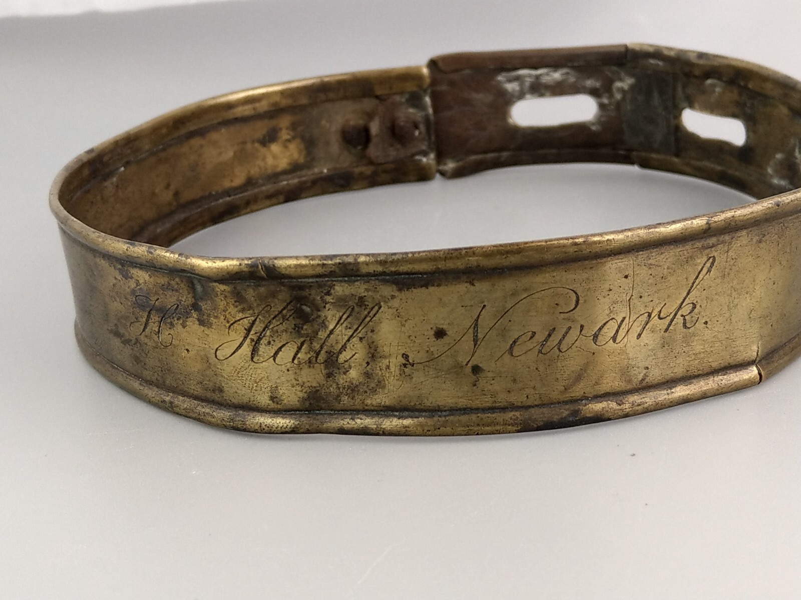 Early English sheet brass dog collar, 18th century, engraved H. Hall Newark