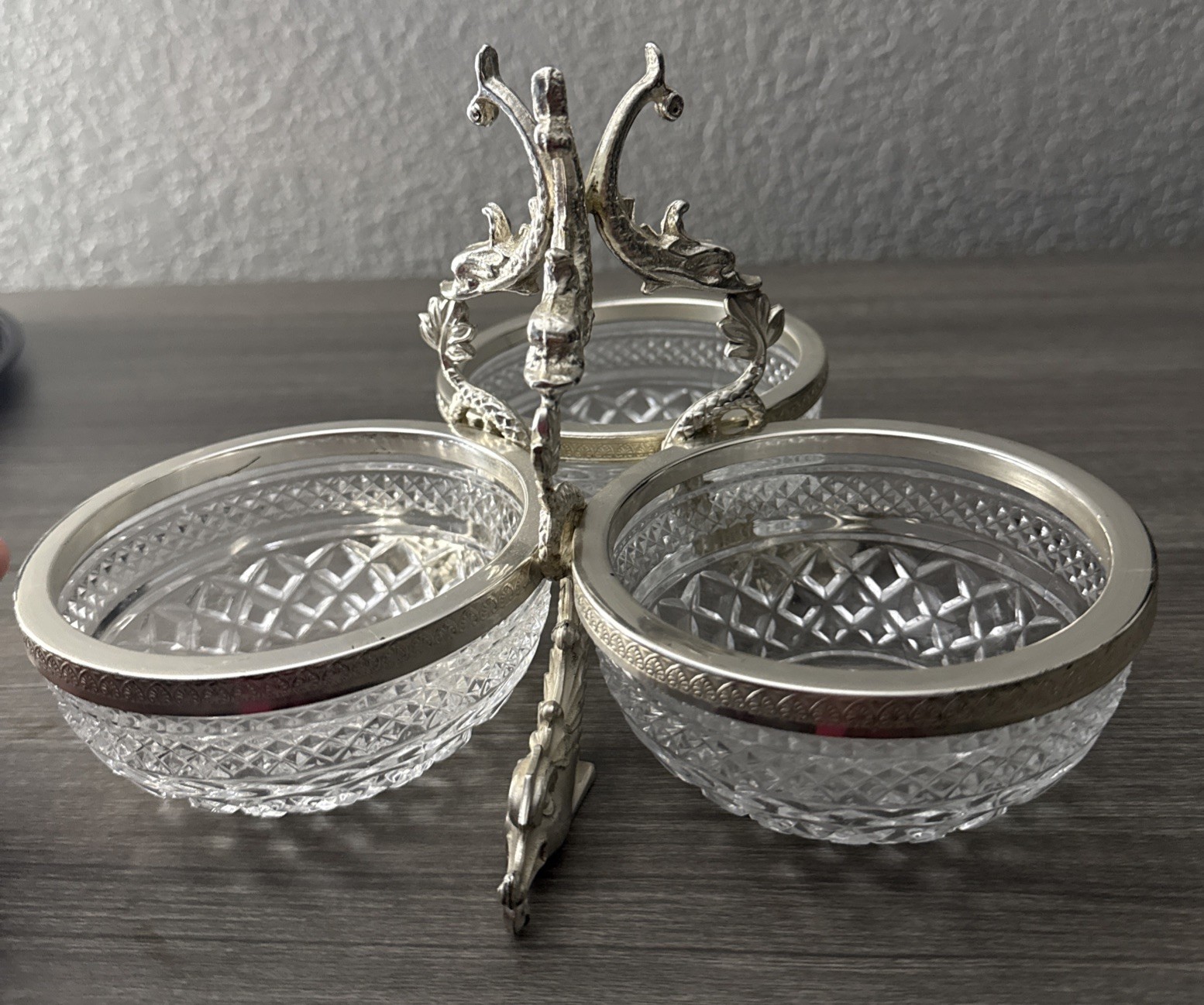 VTG Triple Condiment Server Diamond Cut Glass Bowls Silverplate Leaping Dolphins