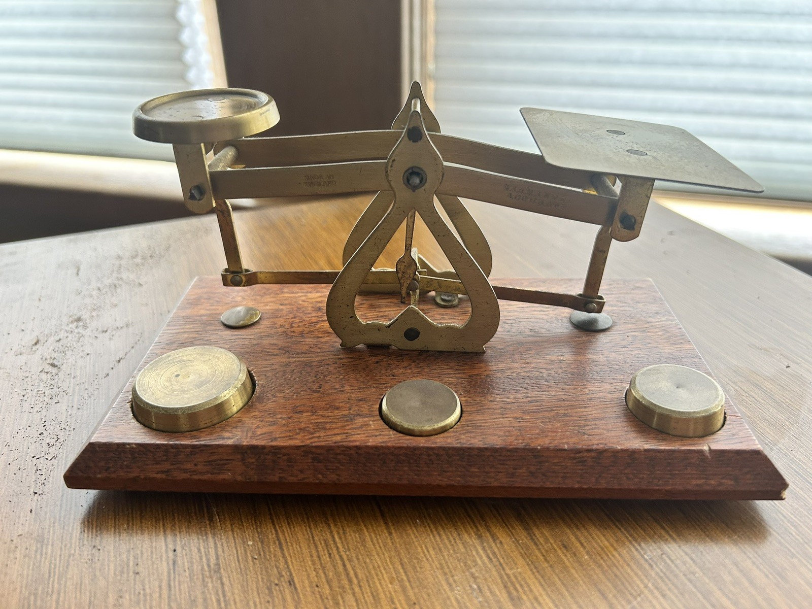 Vintage Brass And Wood Postal Balance Scale Made In England Warranted Accurate