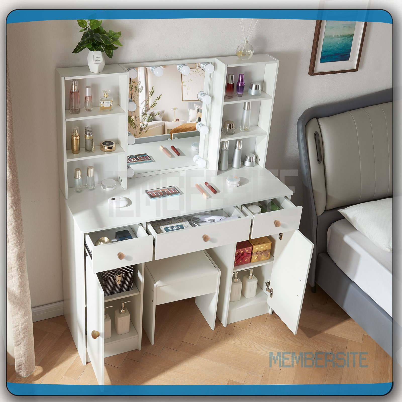Makeup Vanity Table with LED Lights Mirror & Stool 5 Drawers Large Dressing Desk