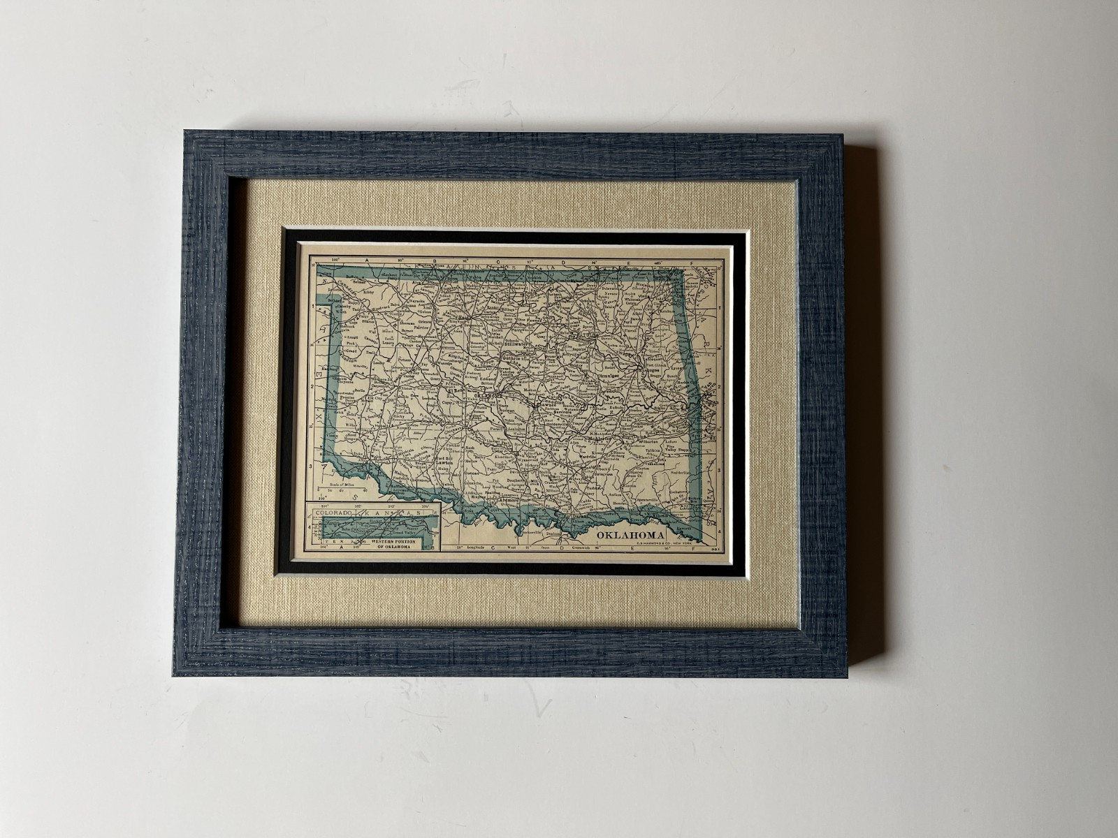 1934 “Blue” OKLAHOMA State Map by C.S. Hammond, Framed/Dbl Mat SEE DESCRIP