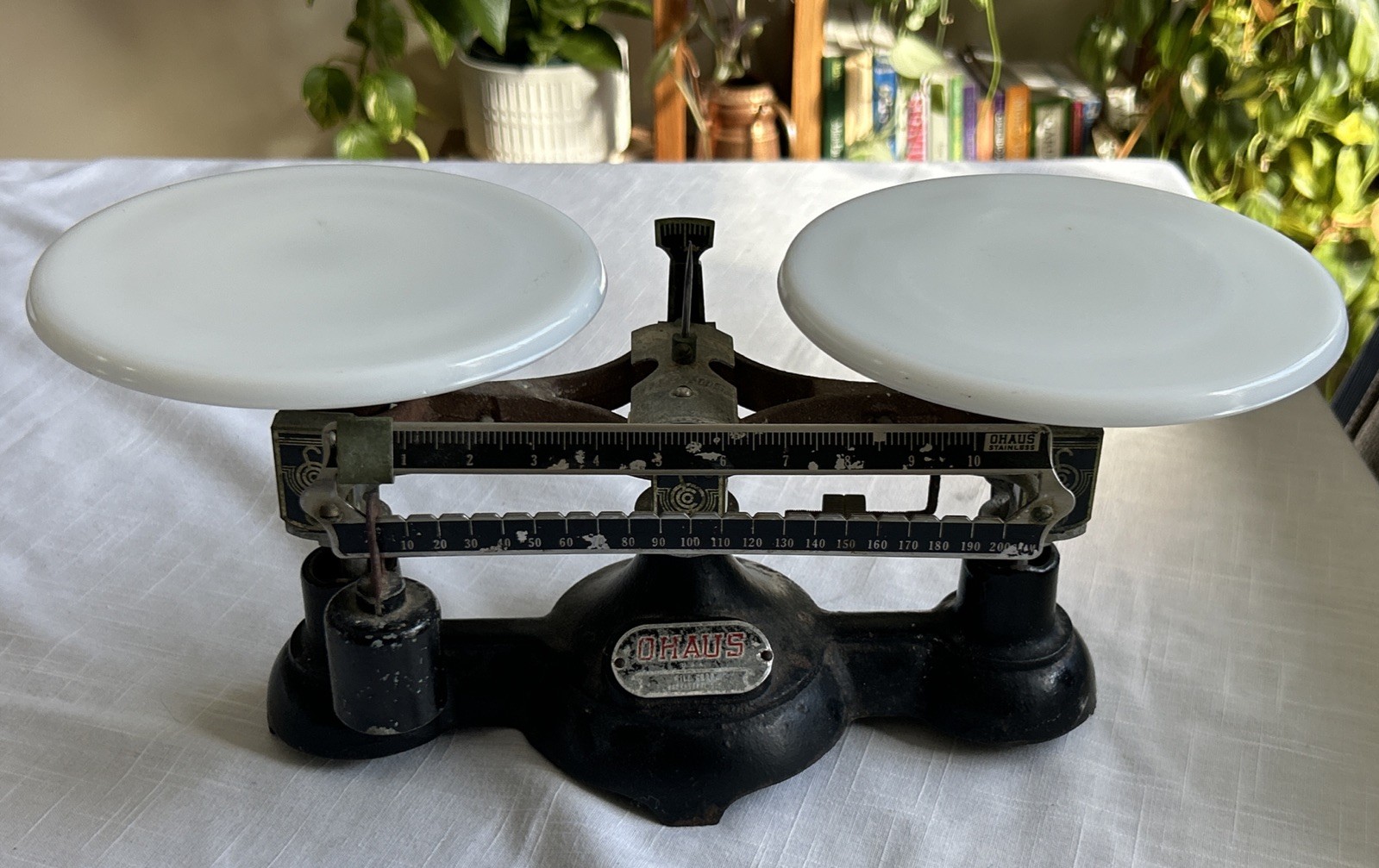 Antique Ohaus Balance Scale Double Beam Cast Iron & Steel Milk Glass Pans 2 Kilo