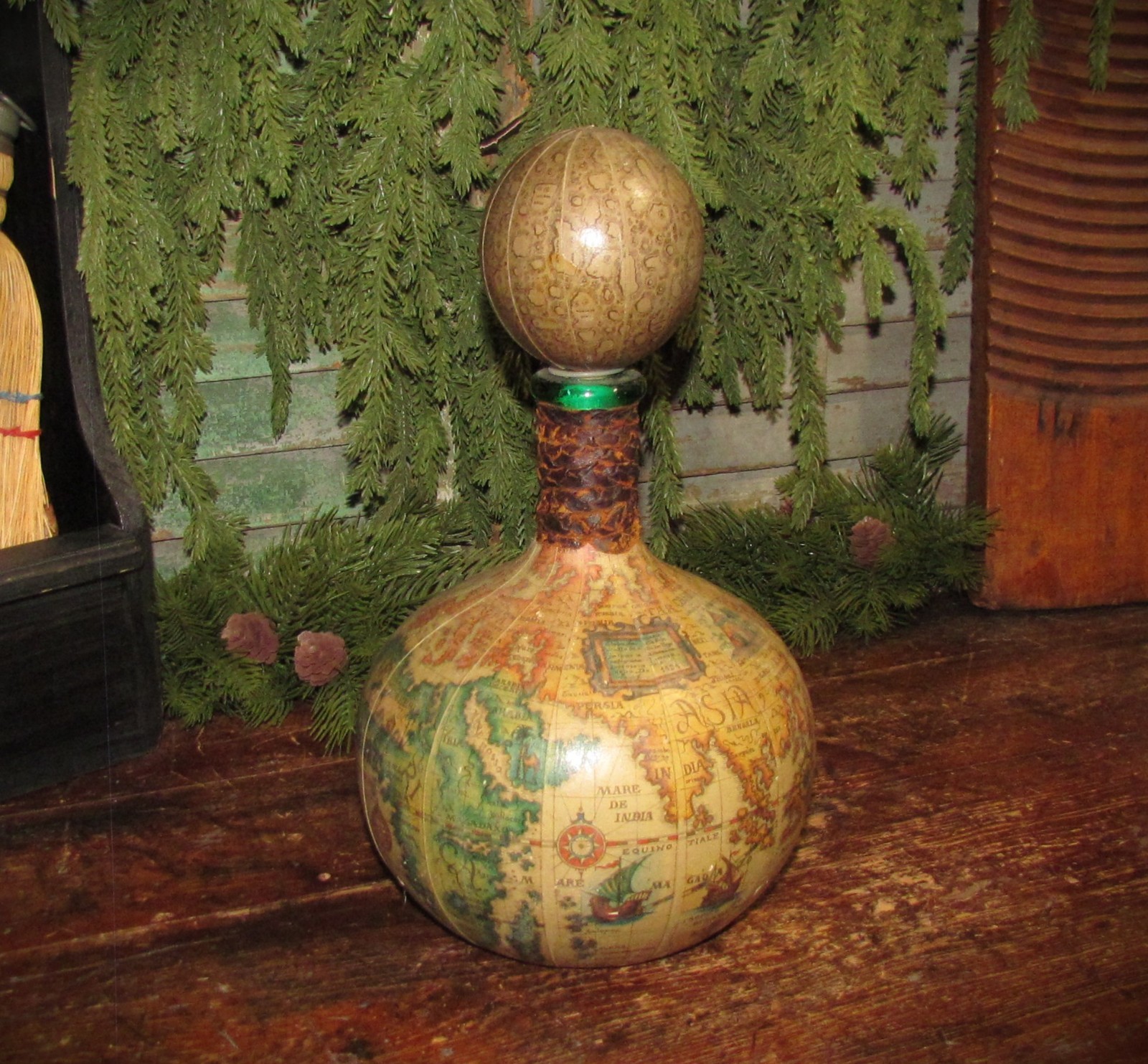 Vintage Italian Leather Wrapped Green Glass Decanter Bottle Old World Map AS IS