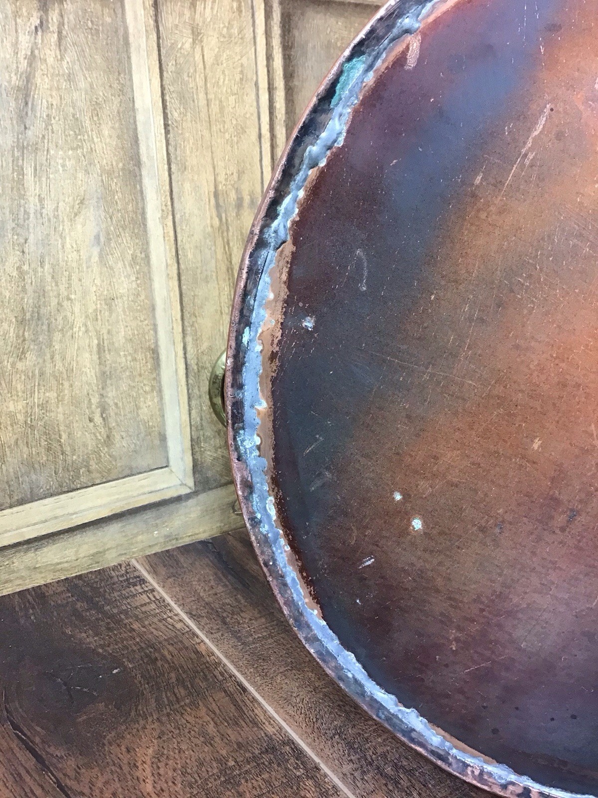 ANTIQUE RIVETED COPPER & BRASS PLANTER COAL BUCKET WITH LIONS HEAD HANDLES 19thC