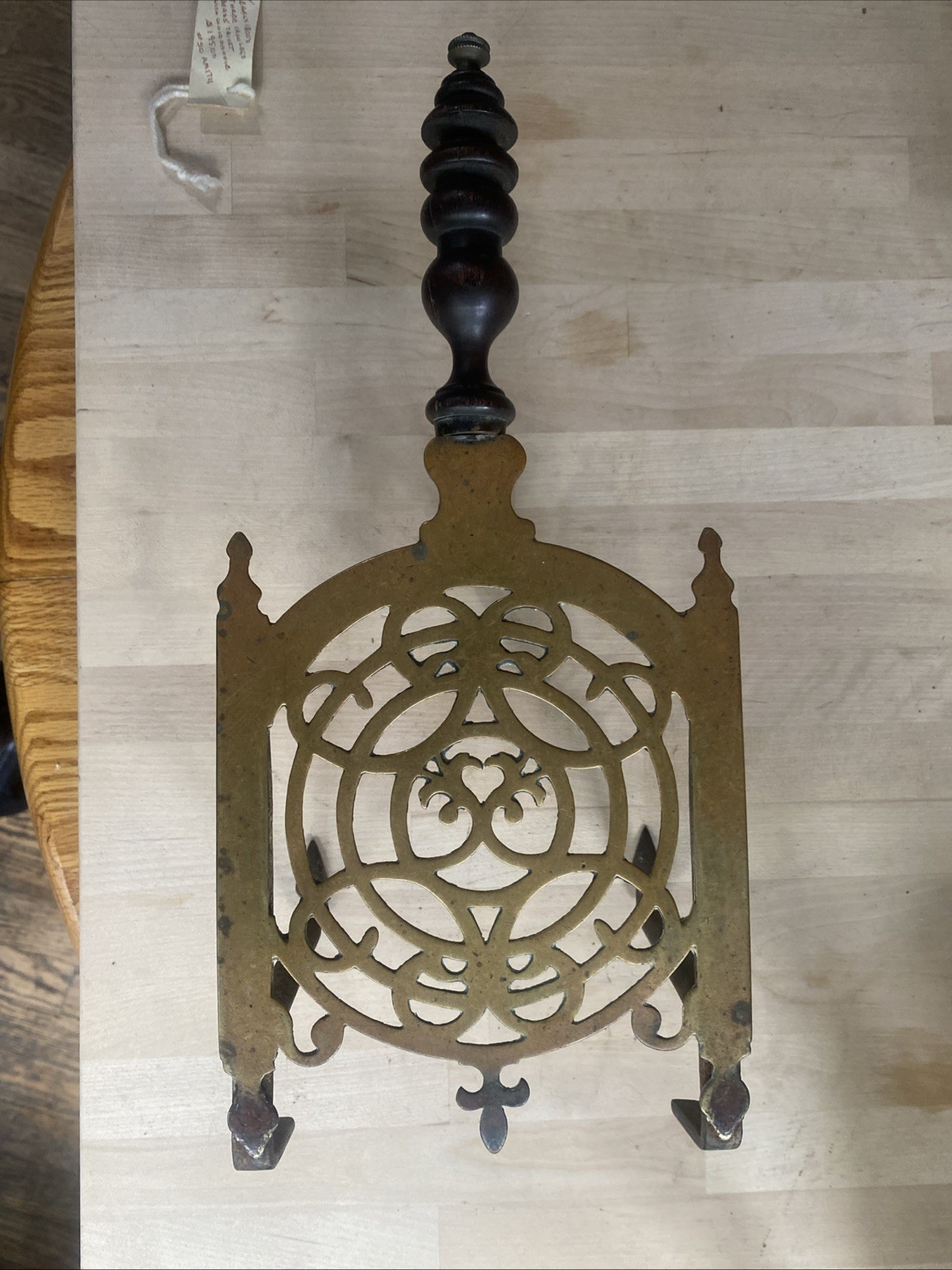 Antique Brass Fireplace Trivet- 3 Legged Wrought Iron Wood Handel – Early 1800s
