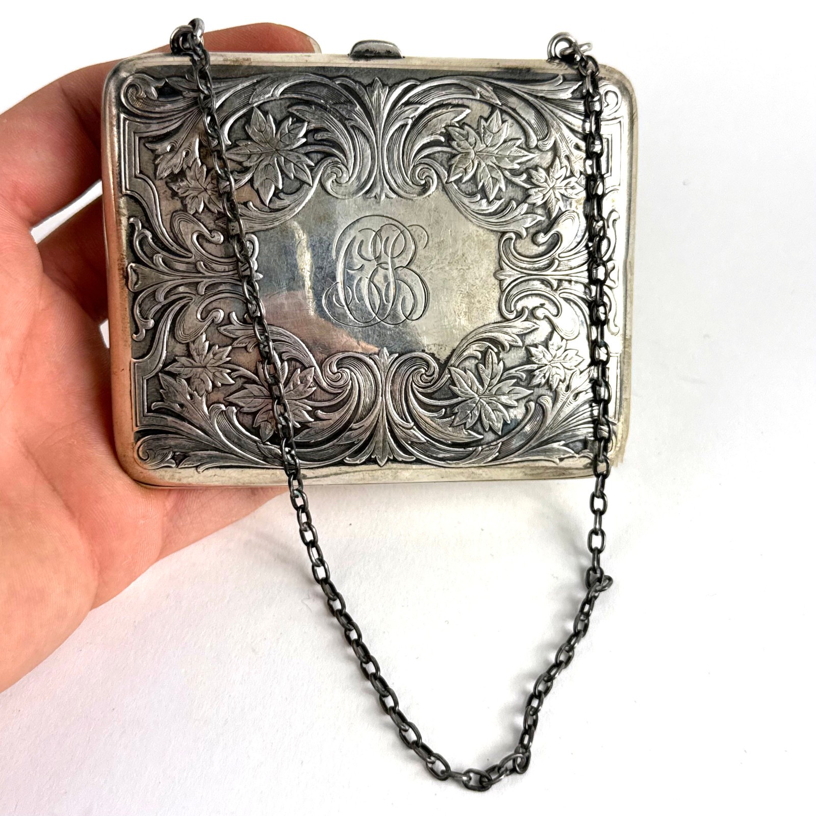 R. Blackinton Antique Art Nouveau Sterling Silver & Suede Monogrammed Purse 115g