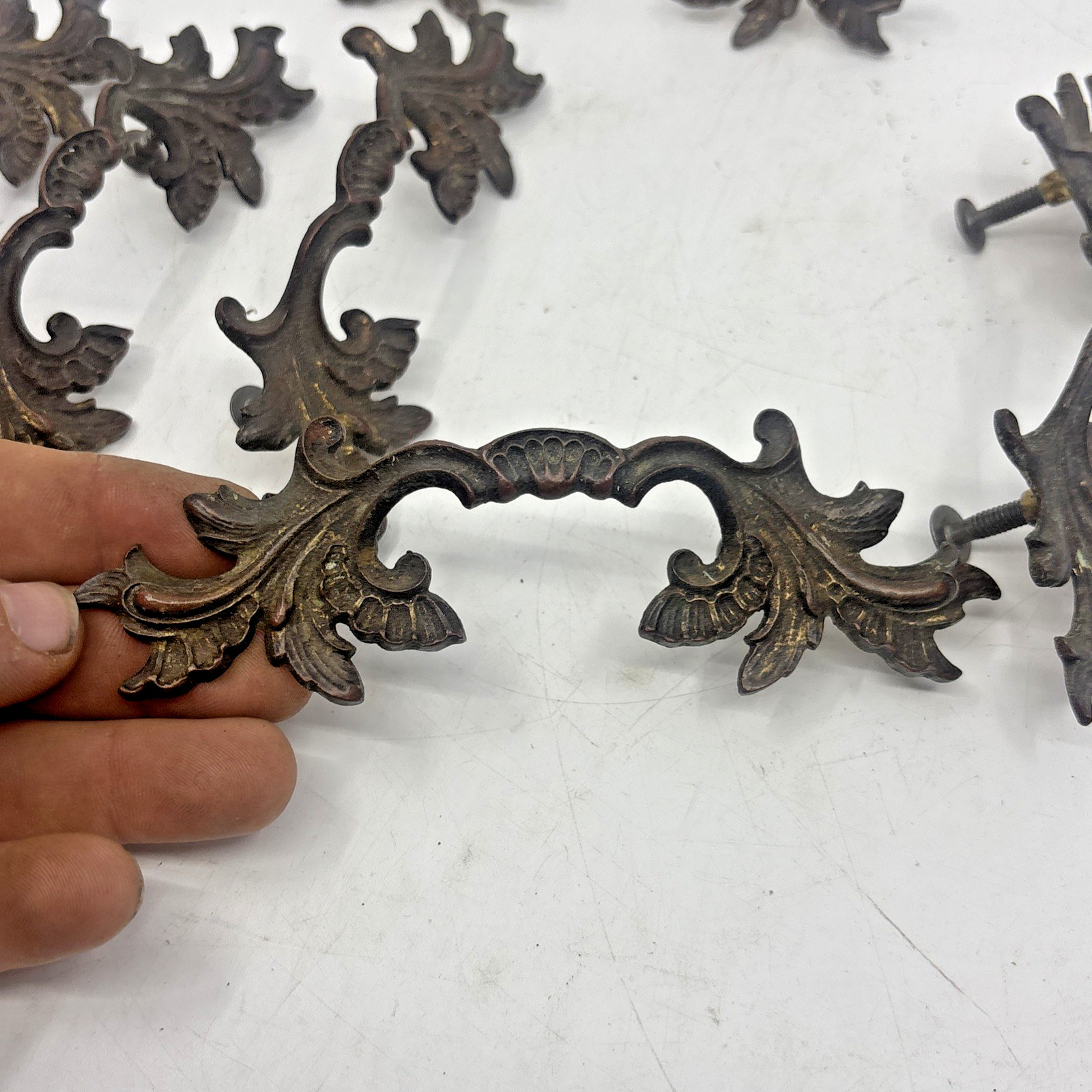 Antique Brass Drawer Pulls Set 6 French Provincial Leaf Handles 1842