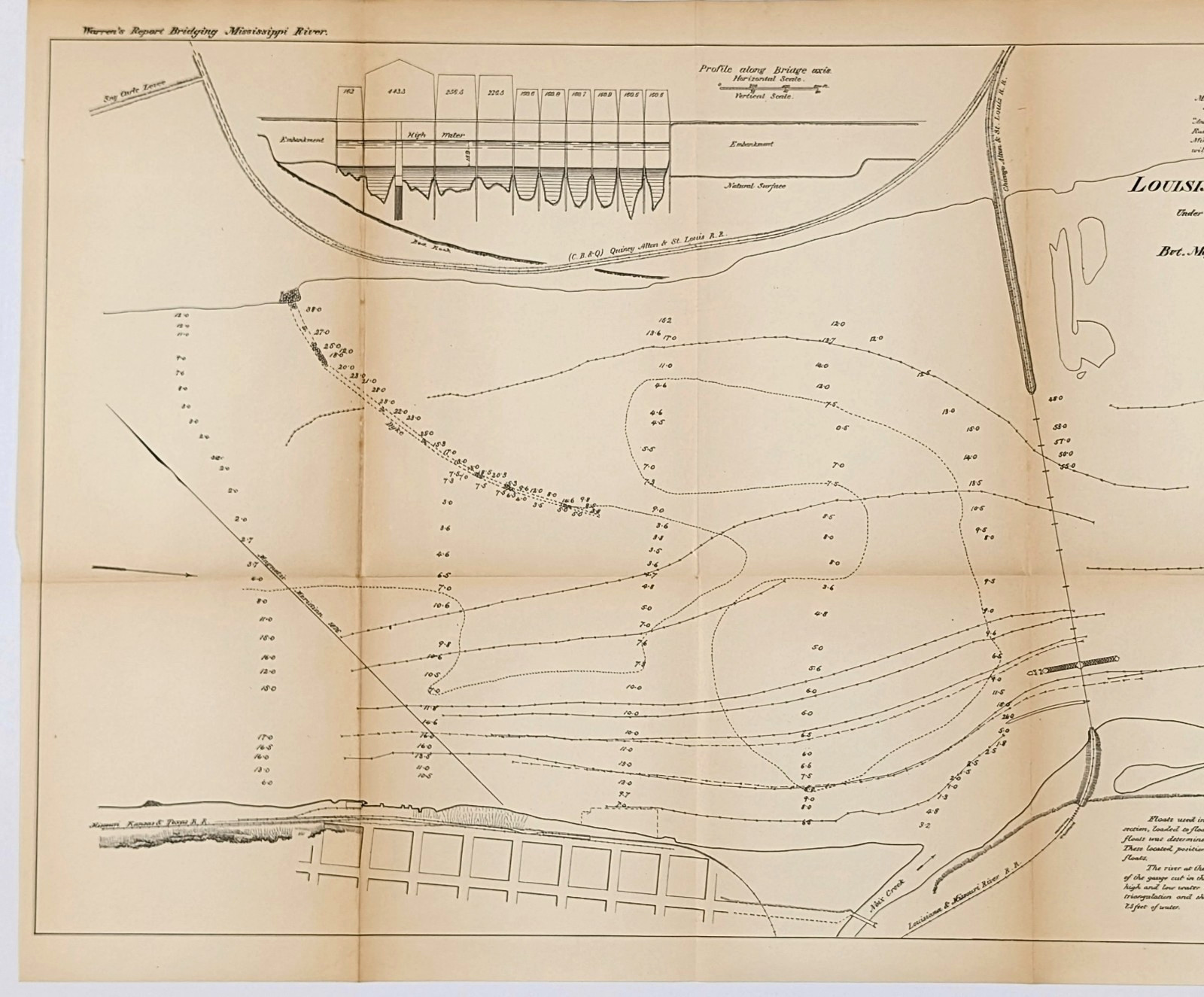 1878 Louisiana Railway Draw Bridge Map MISSOURI ORIGINAL Warren’s Report