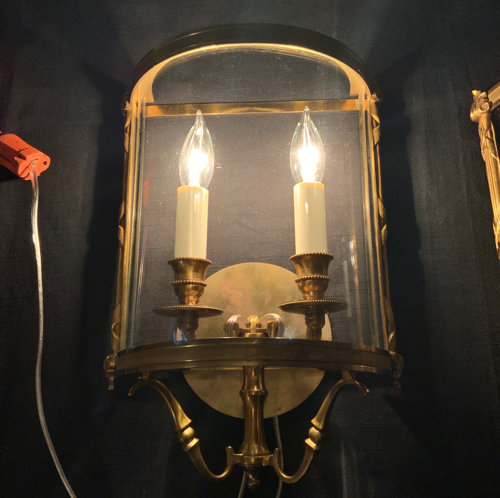FRENCH BRONZE CONVEX LANTERN WALL SCONCE (2) LOUIS XVI RIBBON & REED