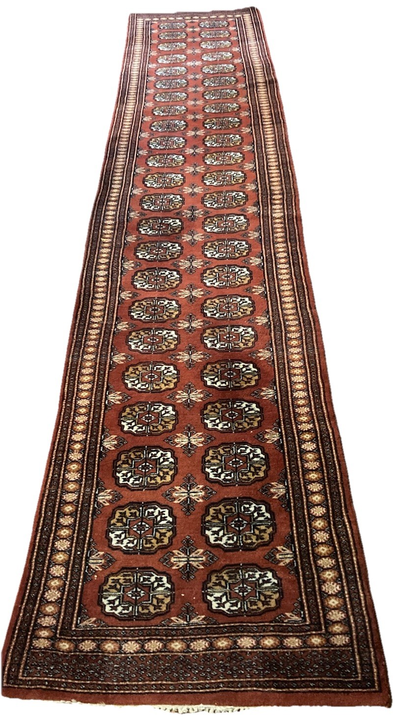 Vtg Hand Knotted BOKHARA Oriental Runner Rug-12’6″x2’7″-Rust Red-Tekke Gul Motif