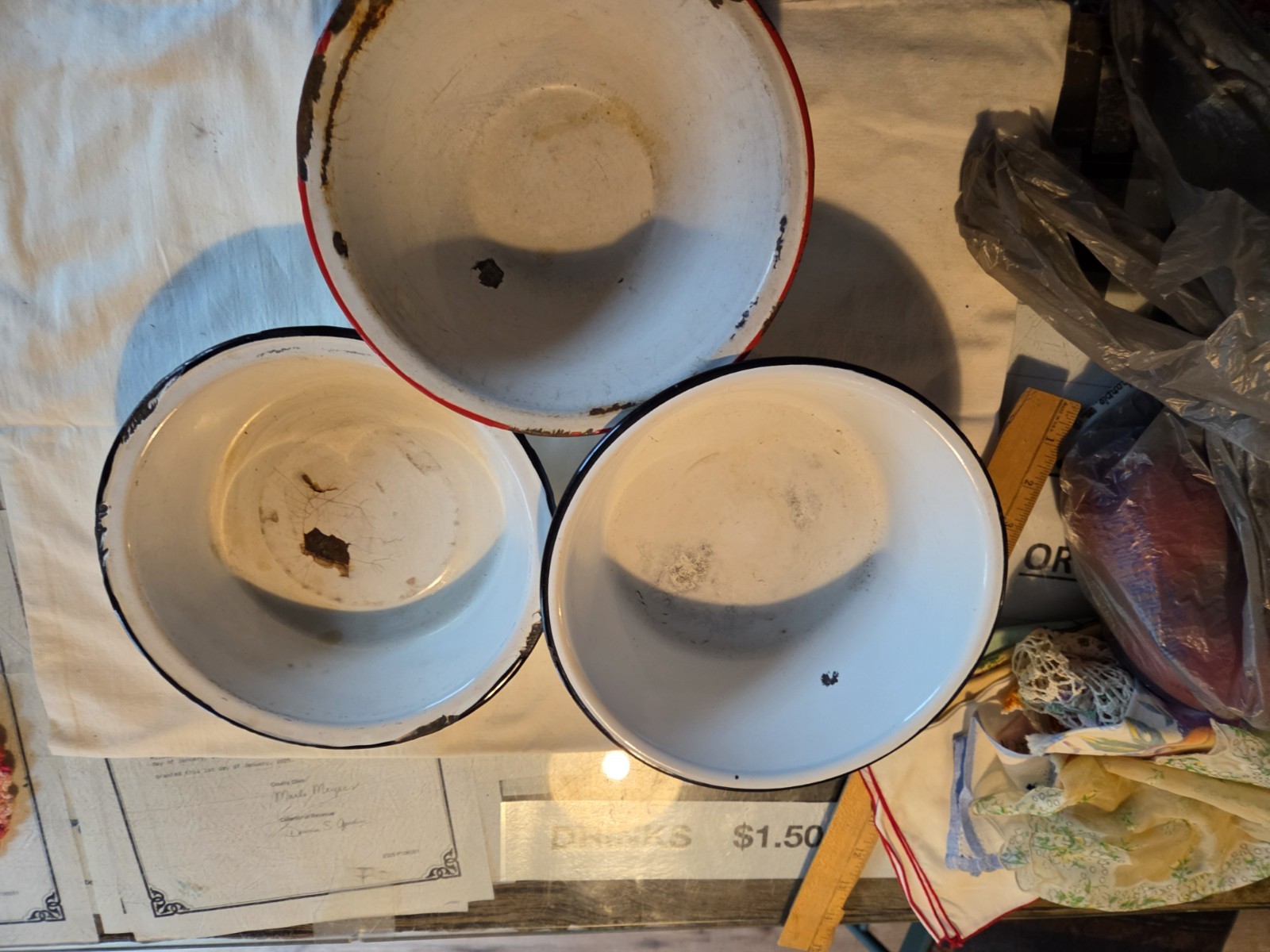 White Enamelware pans 3, Red & Black Rim, Round