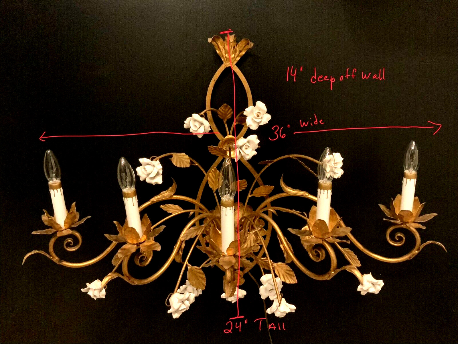 VTG ITALIAN Gold Gilt White PORCELAIN Roses Wall 5 Light SCONCE Stunning Quality