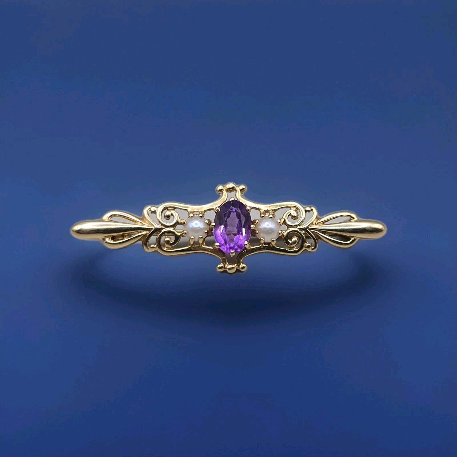 9ct Yellow Gold Amethyst & Seed Pearl Brooch Bar Pin London 1988–1998