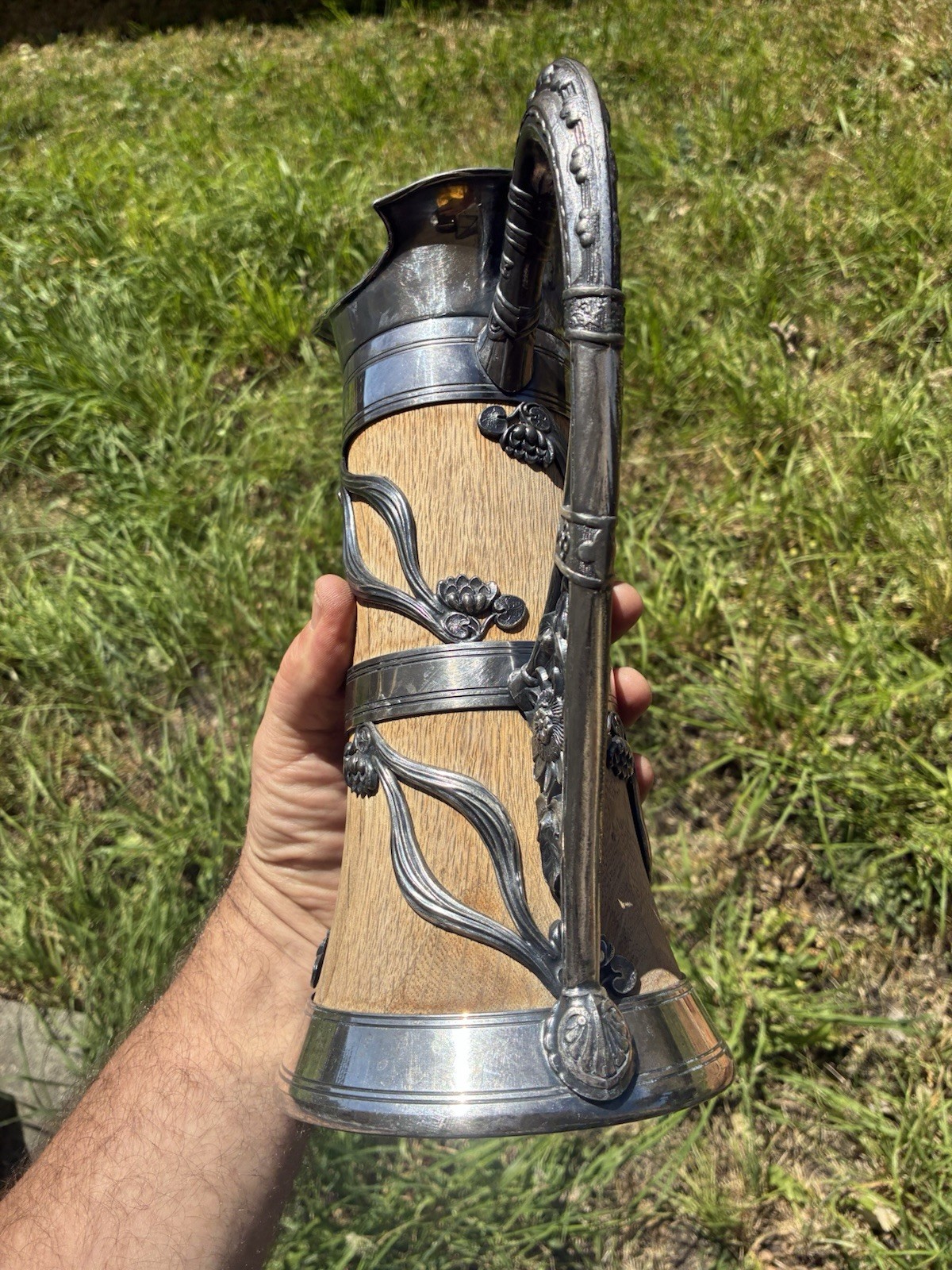 Fabulous Art Nouveau silver Overlay wood pitcher trophy Award
