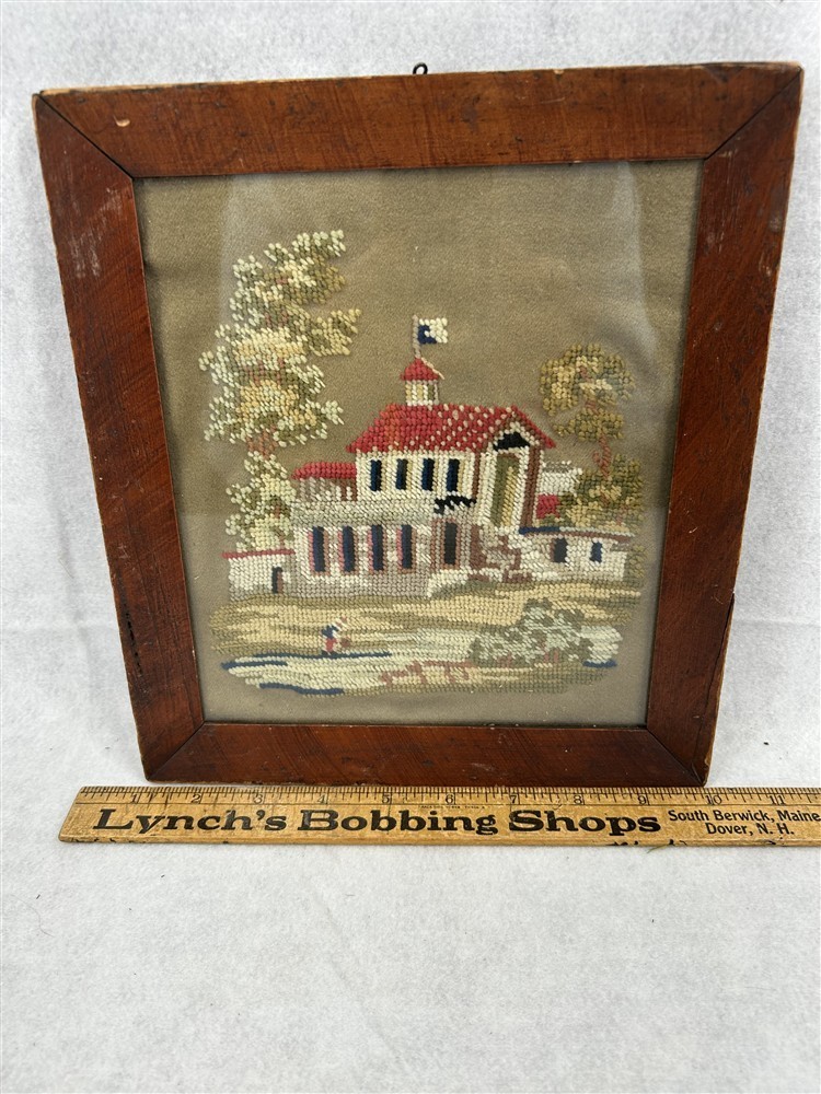 antique needlepoint picture framed early 19th c 1850 school/church original
