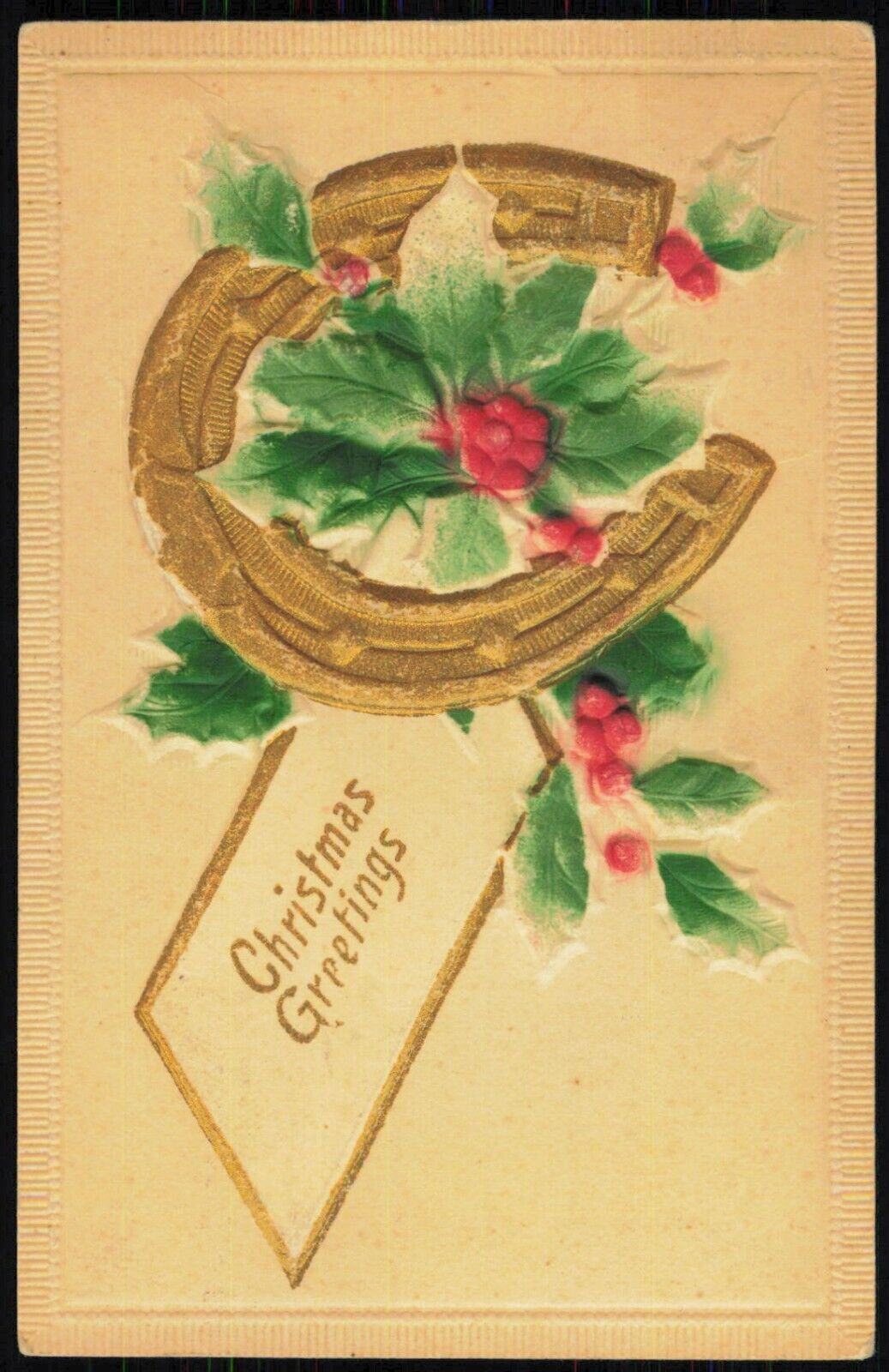 Christmas Greetings Horseshoe Embossed 1915 Postcard