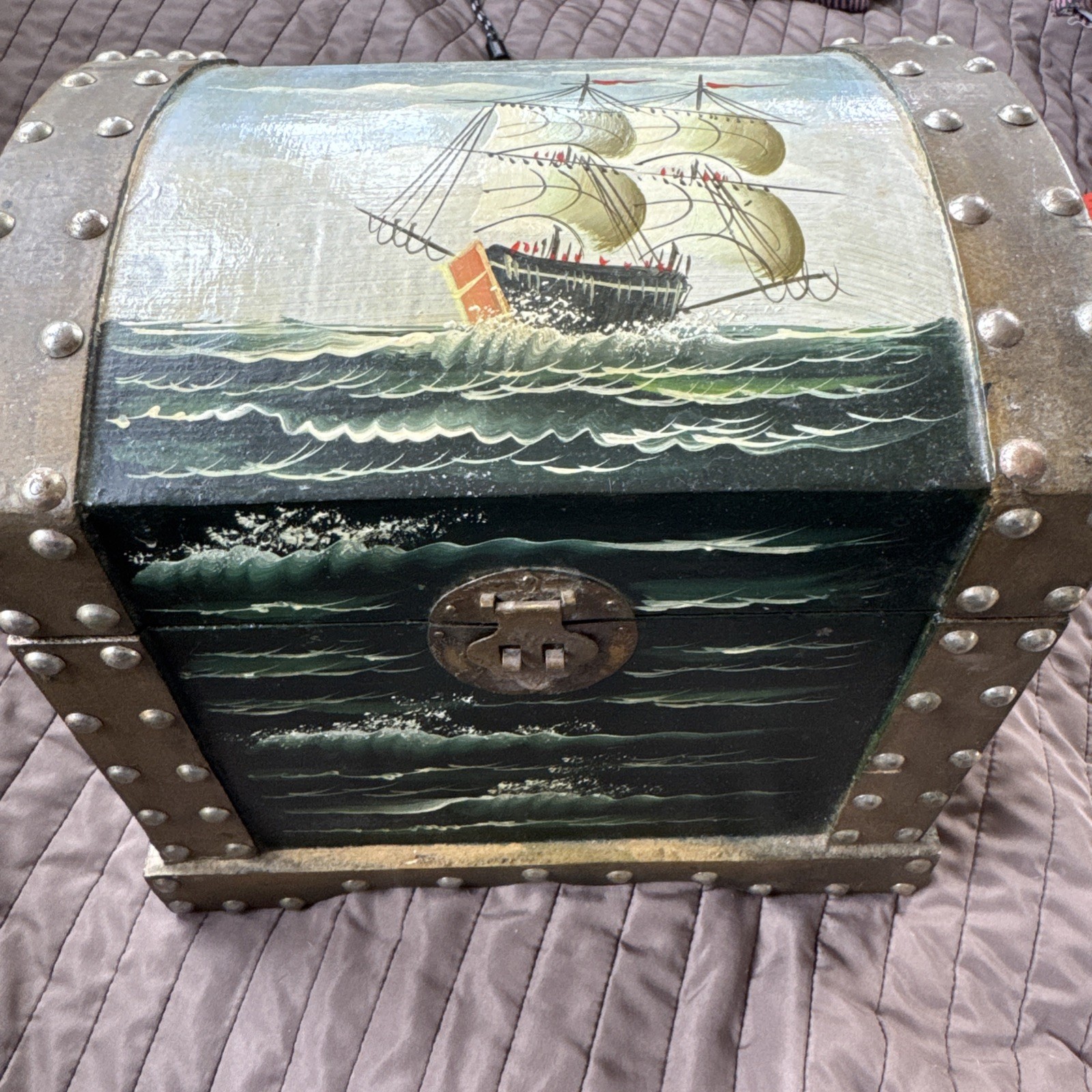 vintage painted nautical camelback wooden trunk. Ship And Waves 9.5 X 7” X 9.5h