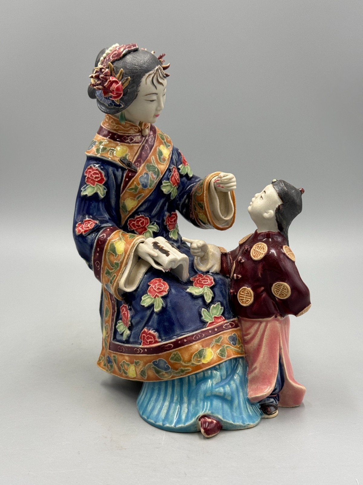 Vintage Chinese Shiwan Ware Ceramic Figurine “Teaching the Child” by Lin Naihe