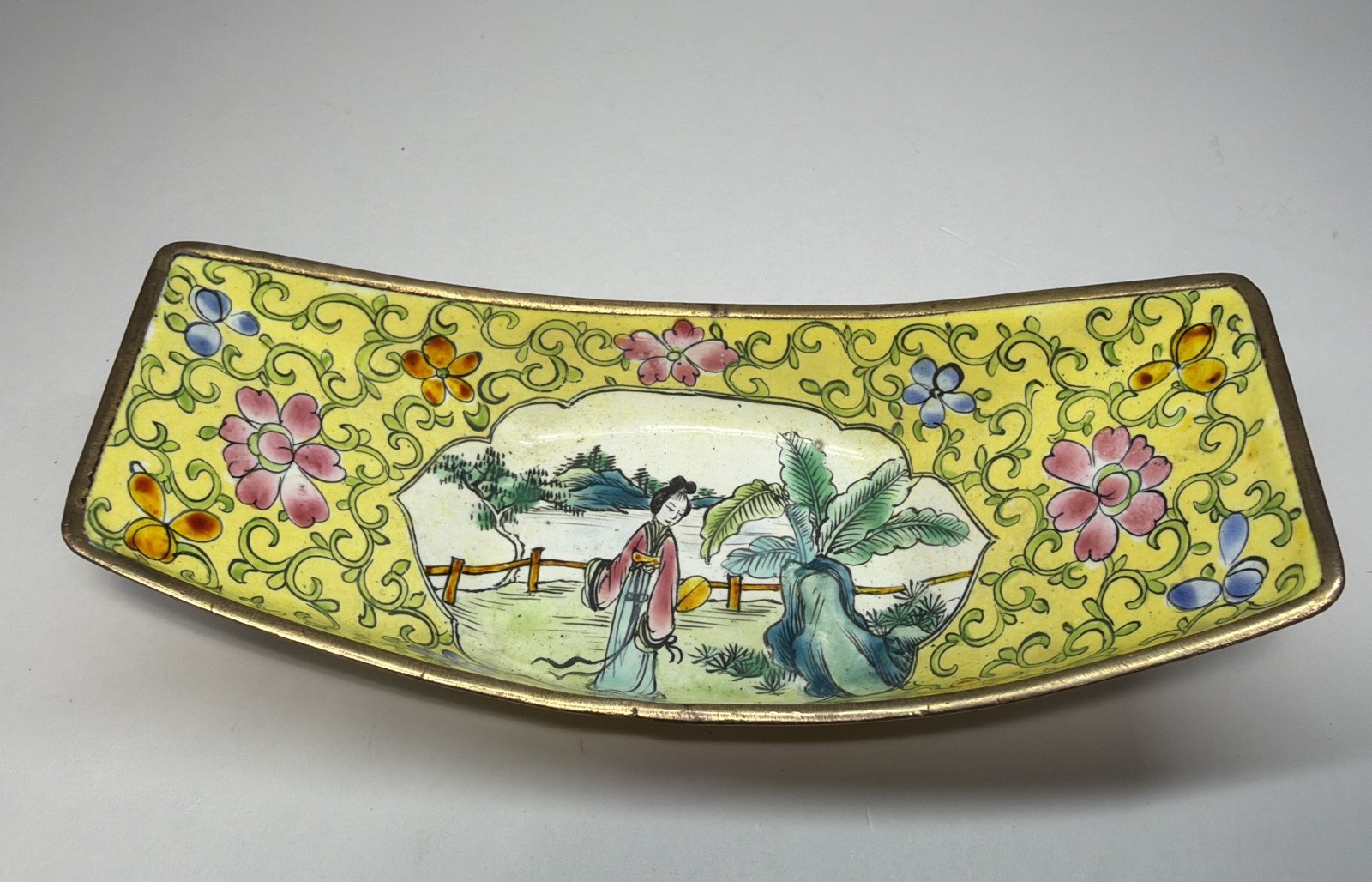 VTG Chinese Enamel on Copper Boat Dish, Figural Scene With Landscape 5 3/4” Long