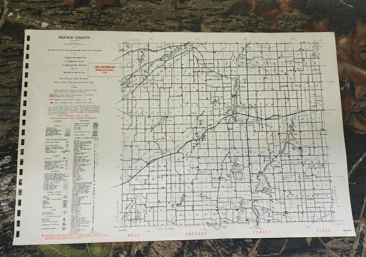 Vtg 1955 Branch County Michigan Dept Conservation Plat Maps 11″ X 17″