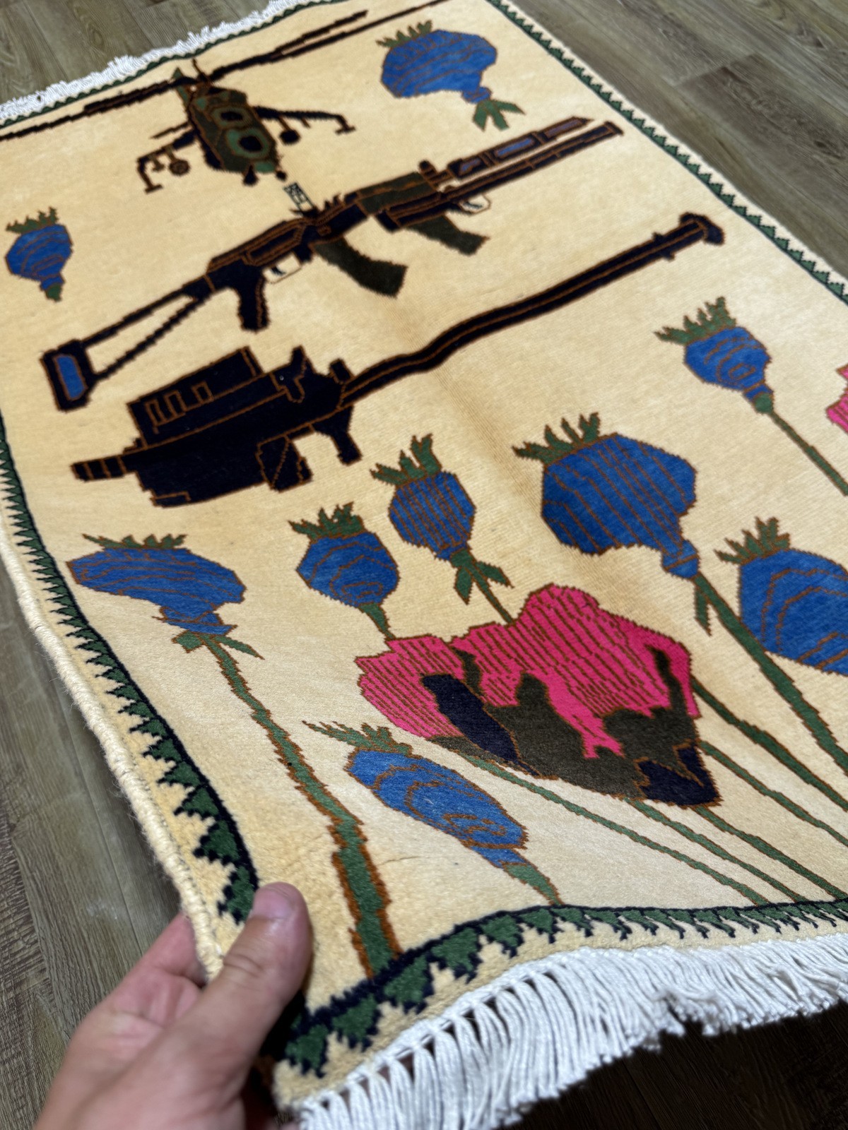 Handmade Opium, Helicopter,AK 47 Pattern Afghanistan Turkman War Soviet Carpet