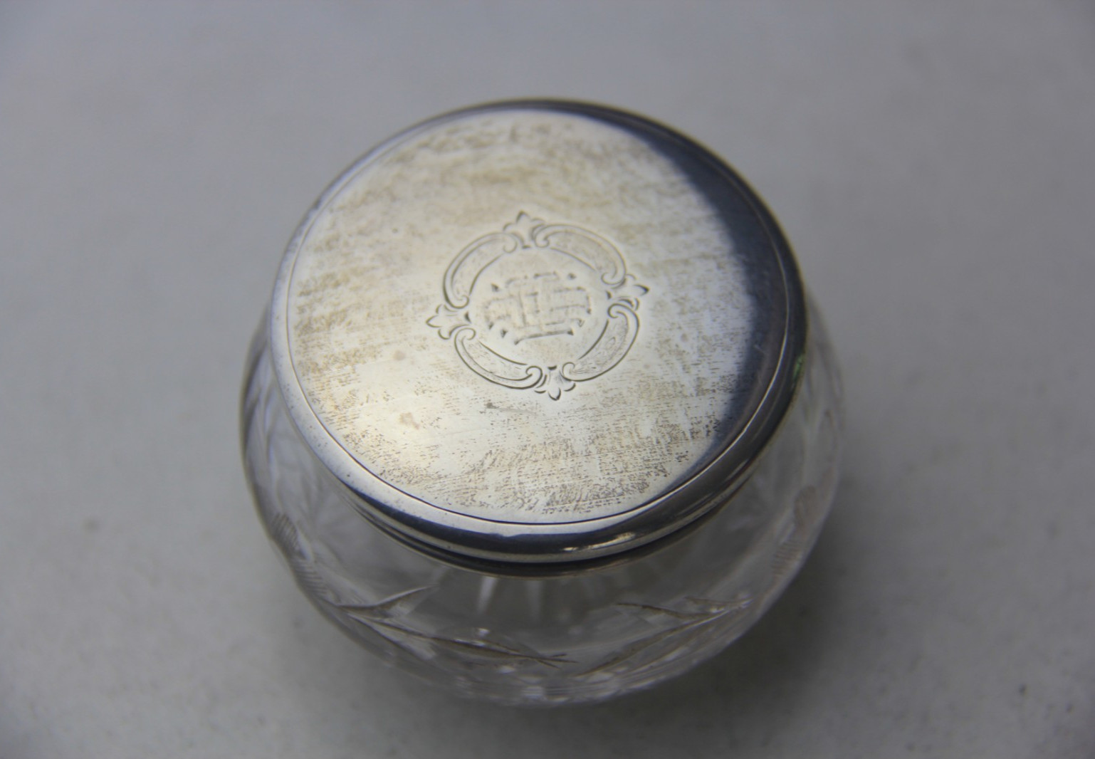 Antique Cut Glass Vanity Jar w/ Sterling Silver Lid by R. Wallace & Son Mfg. Co.