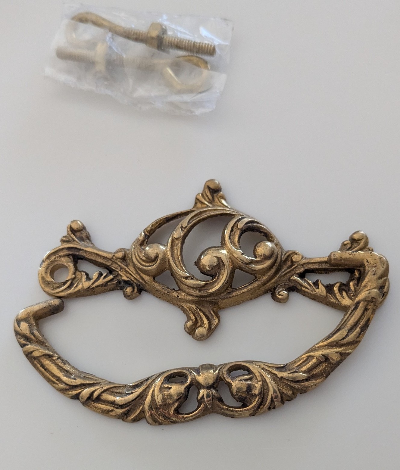 Drop Bail Drawer Pull Solid Brass w/hardware Ornate NOS 3″ center 3.5″wide 1.75T