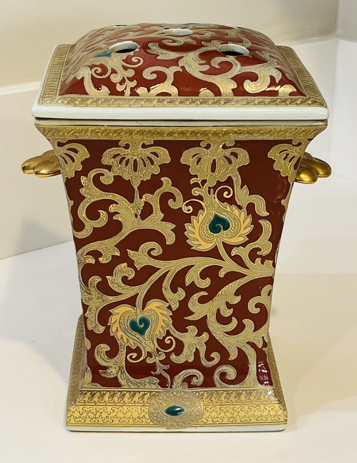 VTG – William Sung Chinese Red & Gold Tapestry Incense Burner Porcelain Jar 10″