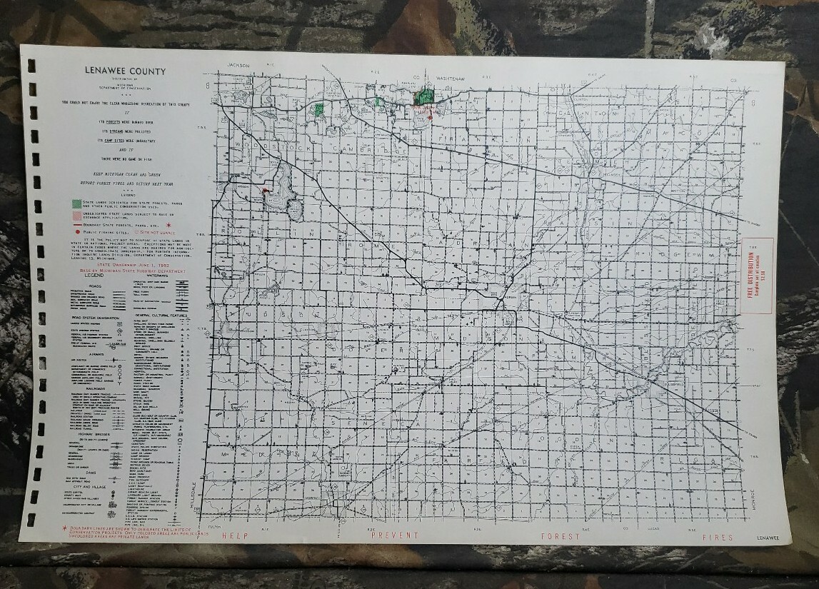 Vtg 1953 Lenawee County Michigan Dept Conservation Plat Maps 11″ X 17″