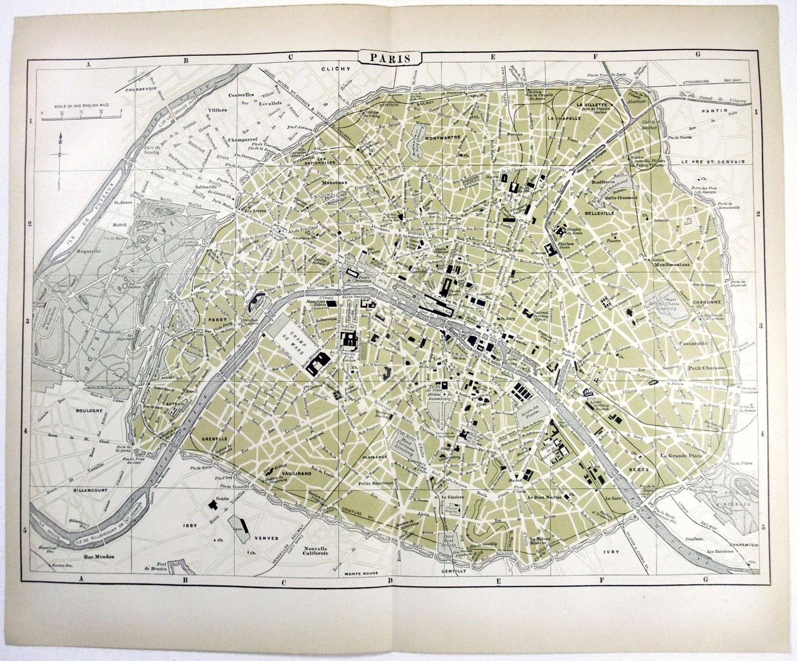 Paris France – Original 1895 City Map by A. J. Johnson. Antique