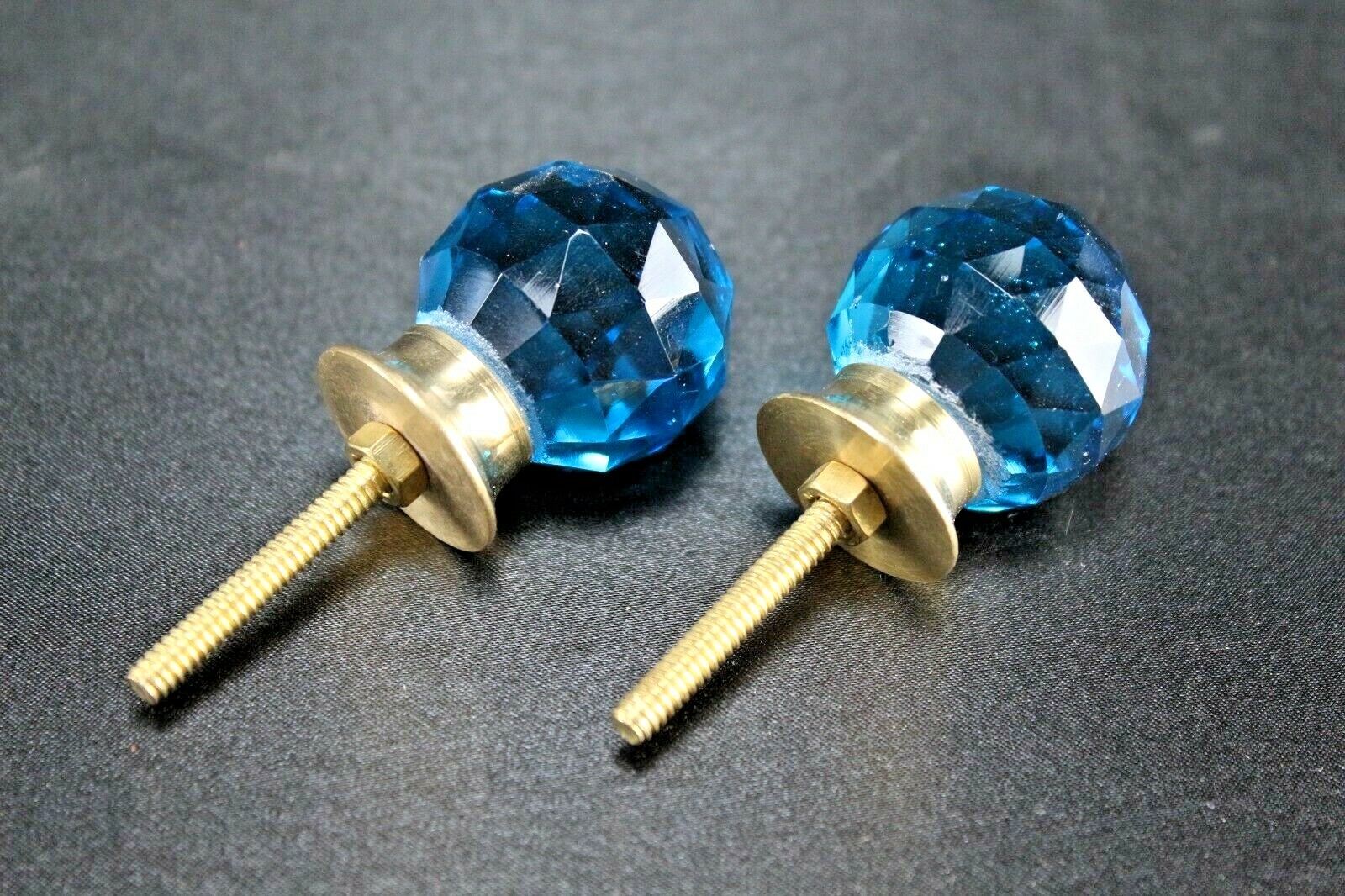 Sky Blue Diamond Cut Glass Door Knobs | Brass Base, Vintage Set of 2, Home Decor
