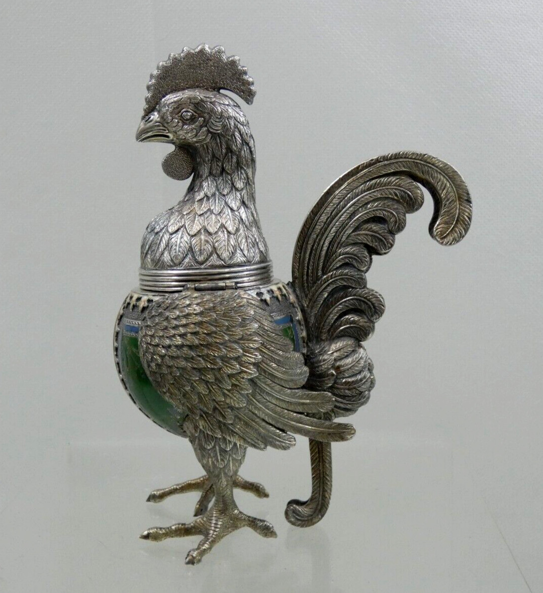 ANTIQUE SILVER ENAMEL SPICE CONTAINER BESAMIM HAVDALAH JUDAICA Figural Rooster