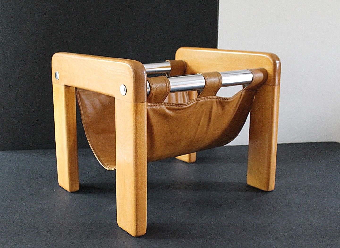 Mid Century MOD Magazine Holder Solid Beech Wood,Chrome&Leatherette NICE