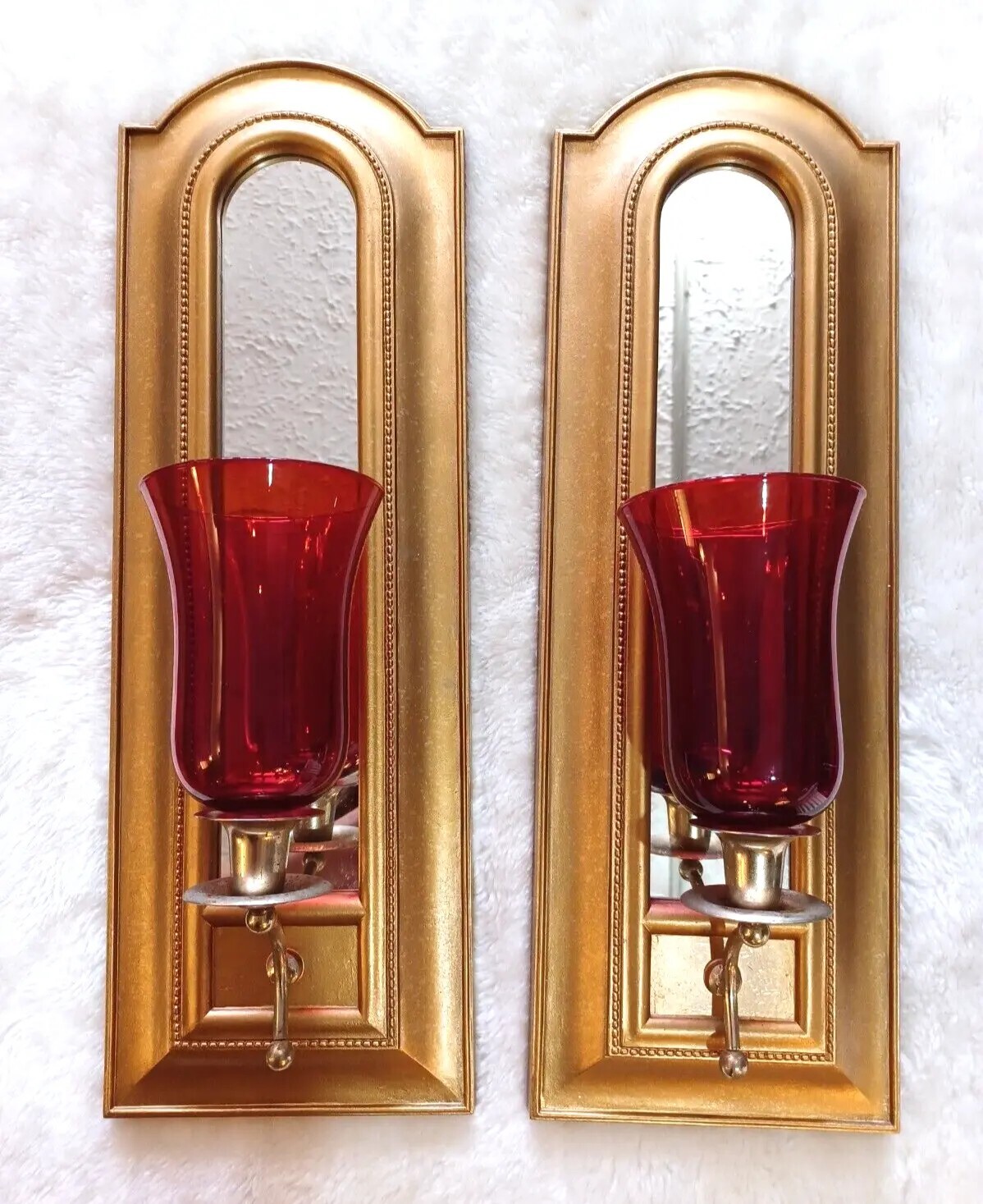 VINTAGE SET 2 GOLD CANDLE WALL SCONCE MIRROR HOLLYWOOD REGENCY RED VOLTIVE MCM