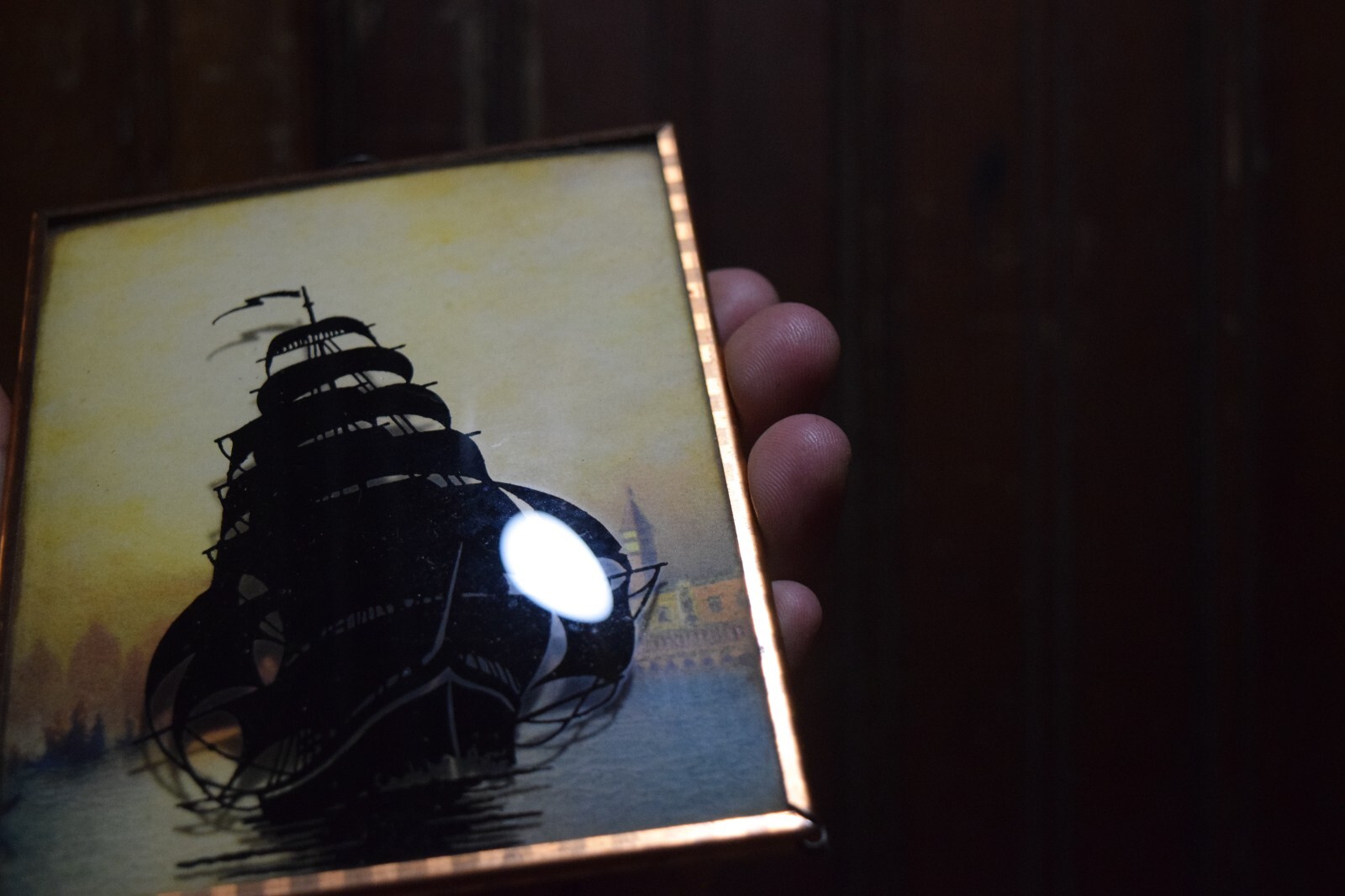 1910s CIRCA REVERSE PAINTED CONVEX BUBBLE GLASS PAINTING TALL SHIP LEAVING PORT