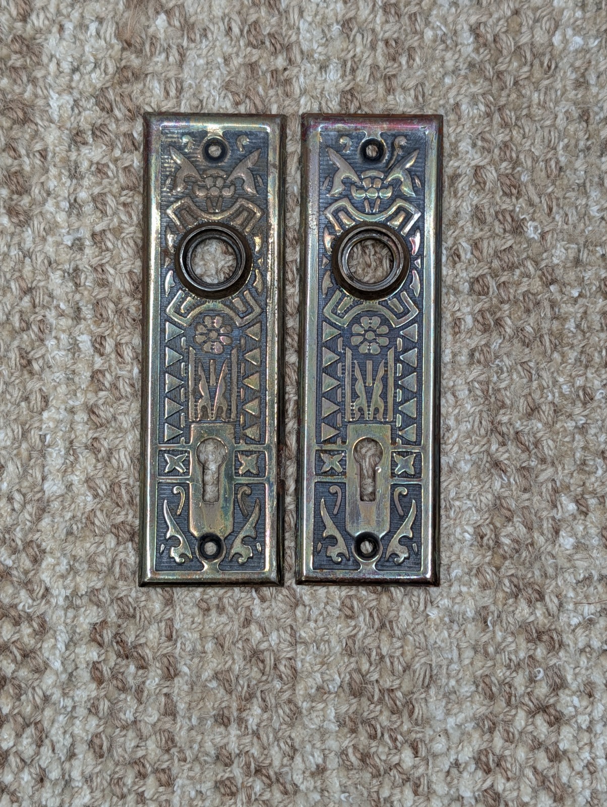 Pair 1 5/8″ x 5 1/2″ Antique Sargent Stamped Steel Door Knob Plates Circa 1890