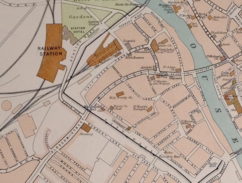 1897 VICTORIAN ANTIQUE MAP YORK PLAN CASTLE MINSTER RAILWAY STATION GAS WORKS