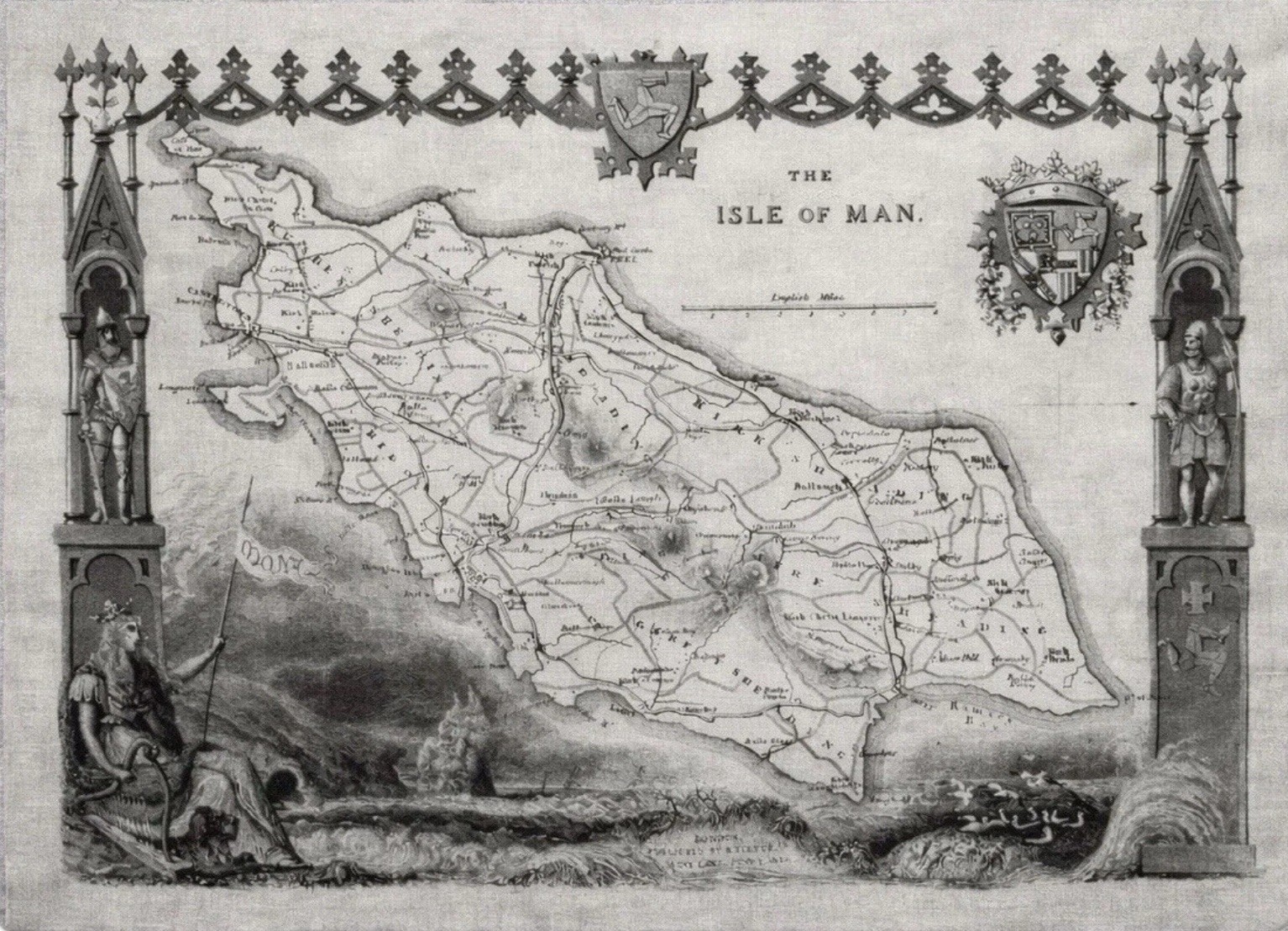19thC Map Engraving Thomas Moule Map Isle of Man 1845 Gothic Border Fullarton