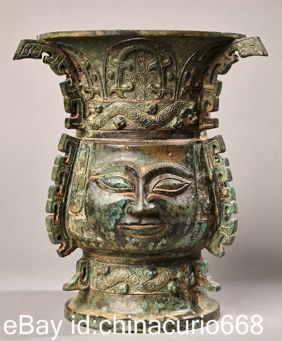 8″ Old China Bronze Ware Carving Dynasty Palace People Face Drinking Vessel