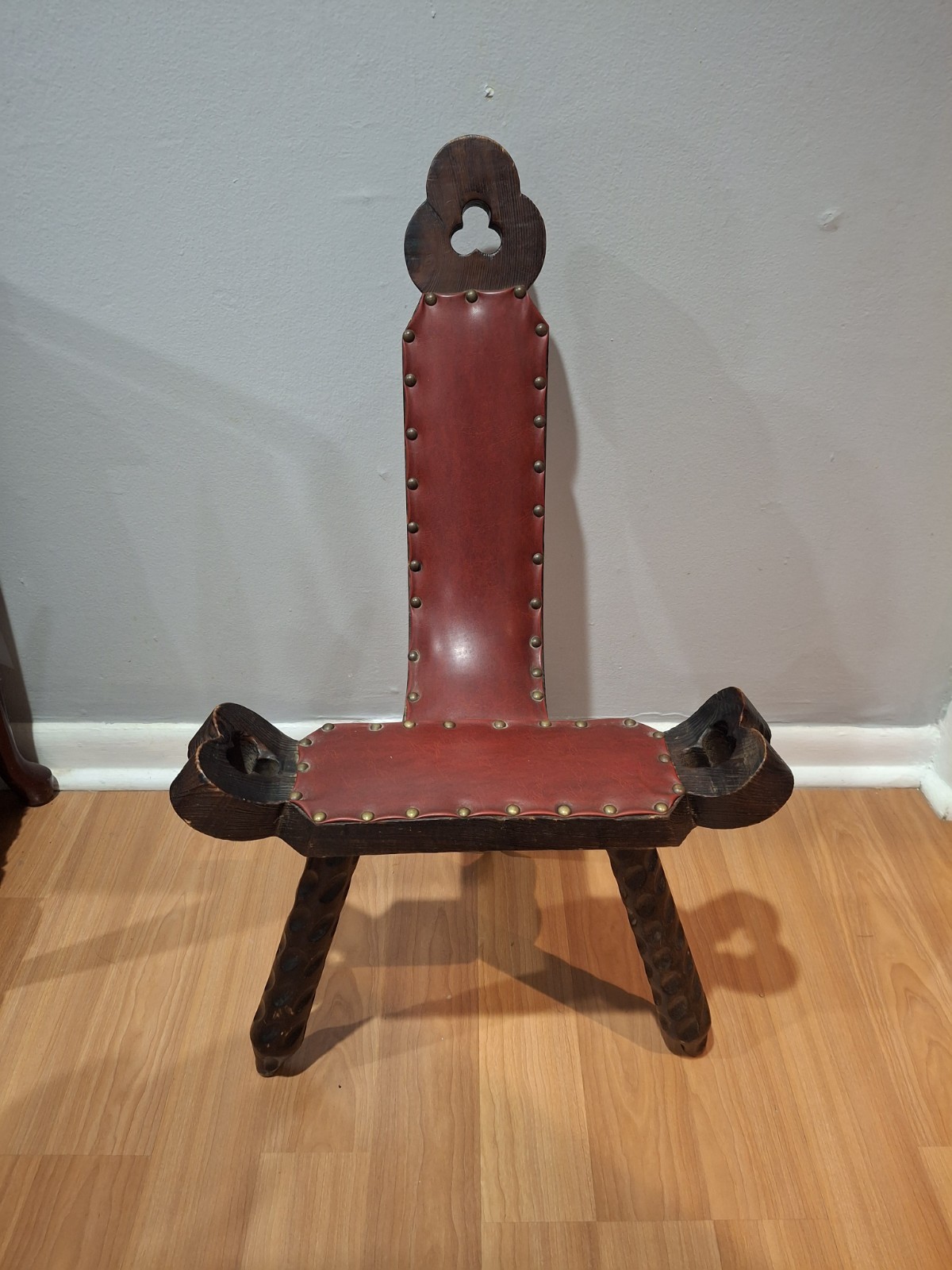 Antique Primitive Birthing Chair 3 Leg Folk Art Stool Red Leather Rustic