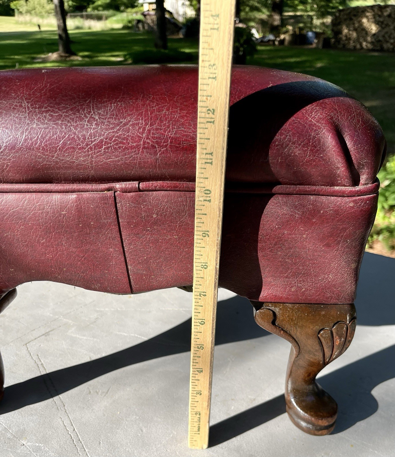 Post War Red Vinyl Rectangular Foot Stool Ottomon Chunky Queen Anne Style Legs