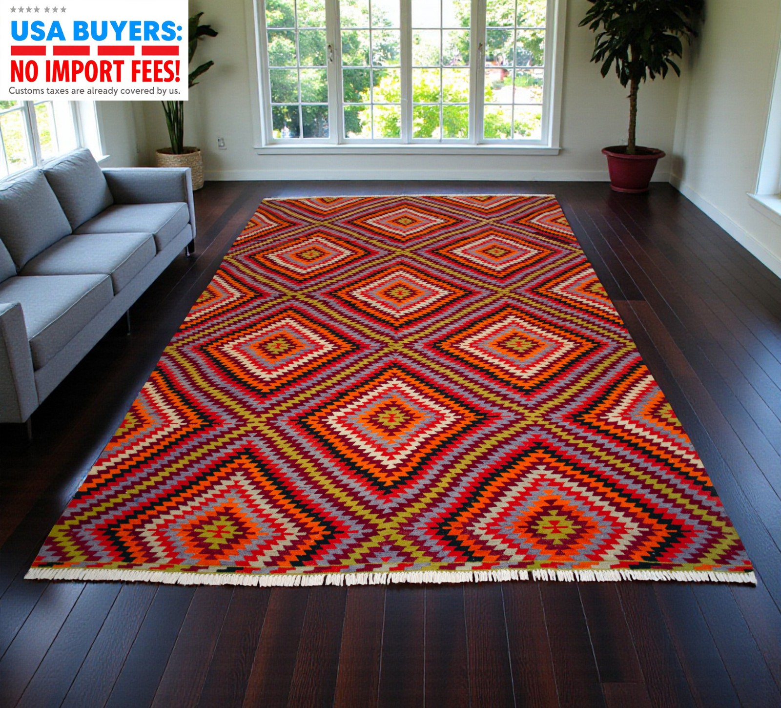 Vintage Turkish Rug Kilim 7×11 ft Flat Weave Large Area Rug Natural Wool & Dyes