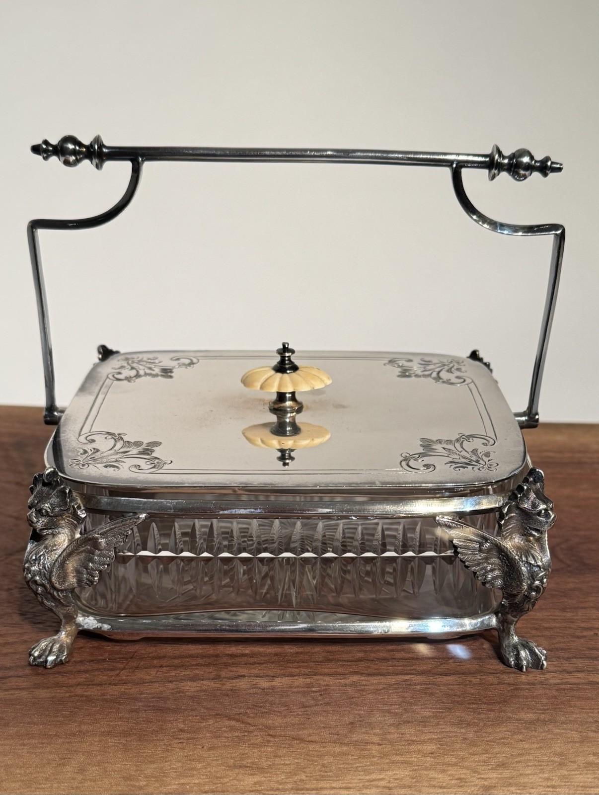 Antique Victorian Silver Plated And Cut Glass Sardine Dish with Gargoyle Feet